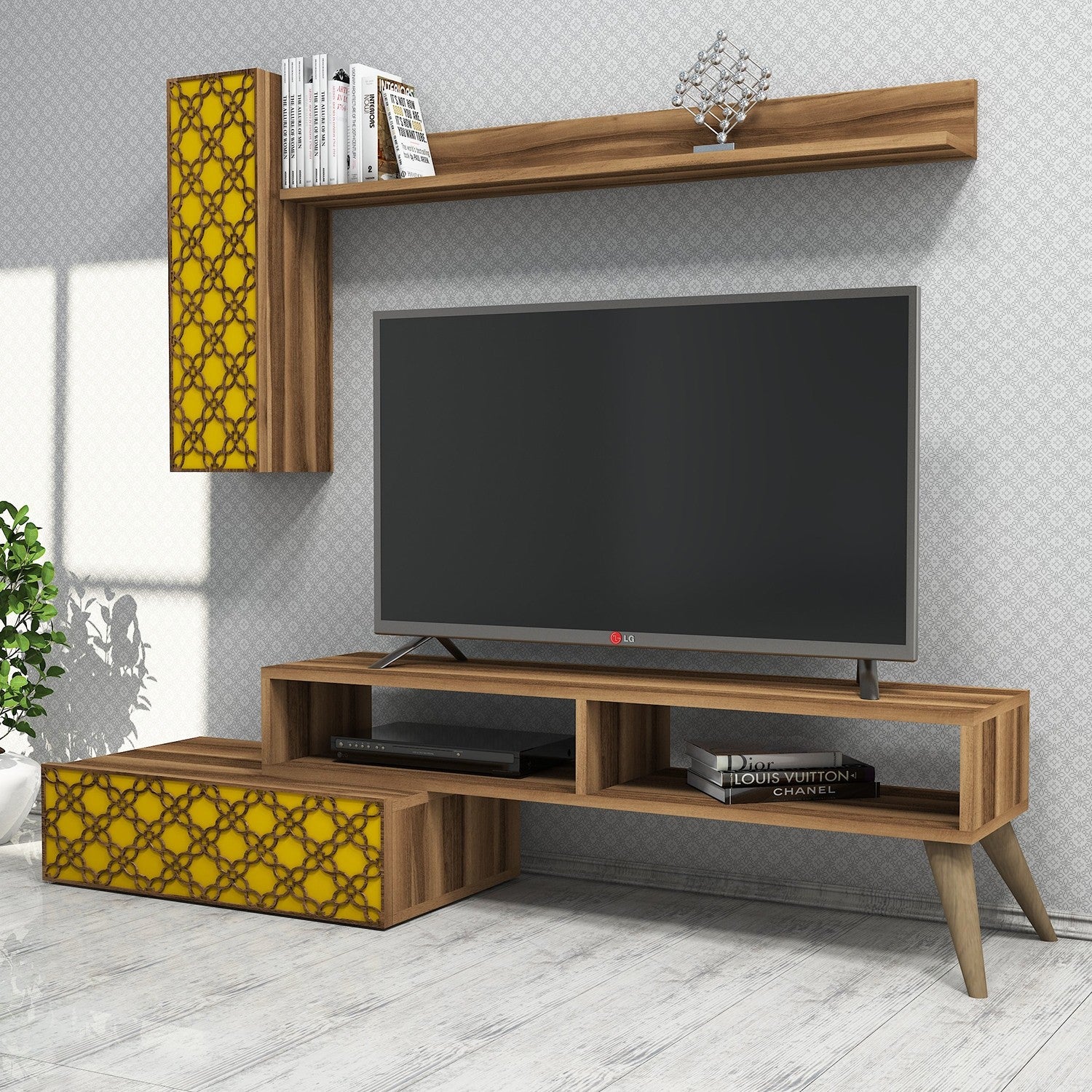 Móvel de TV boêmio elegante, nogueira e amarelo, 150 cm | 100% revestido em melamina, 18 mm de espessura | Montável na parede, várias prateleiras, design elegante