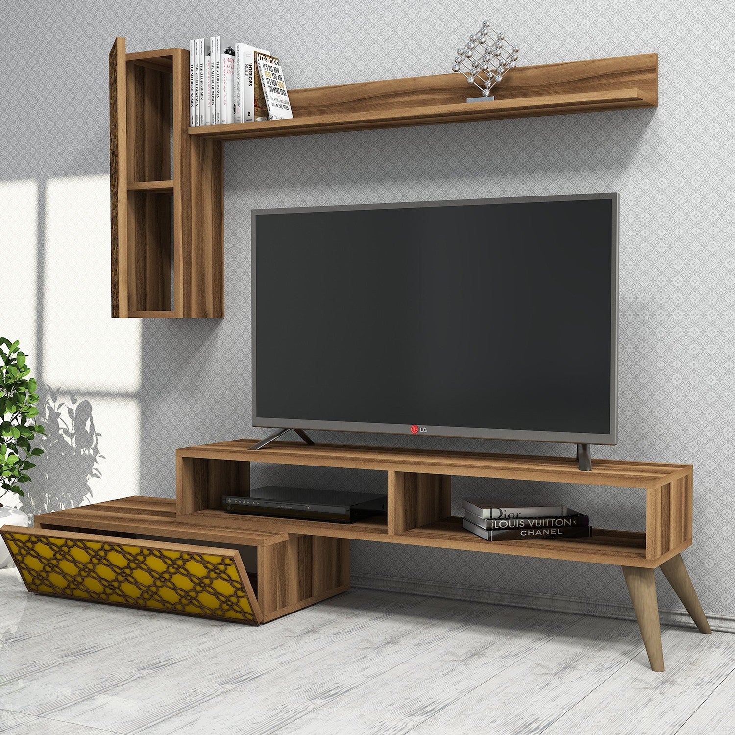 Móvel de TV boêmio elegante, nogueira e amarelo, 150 cm | 100% revestido em melamina, 18 mm de espessura | Montável na parede, várias prateleiras, design elegante
