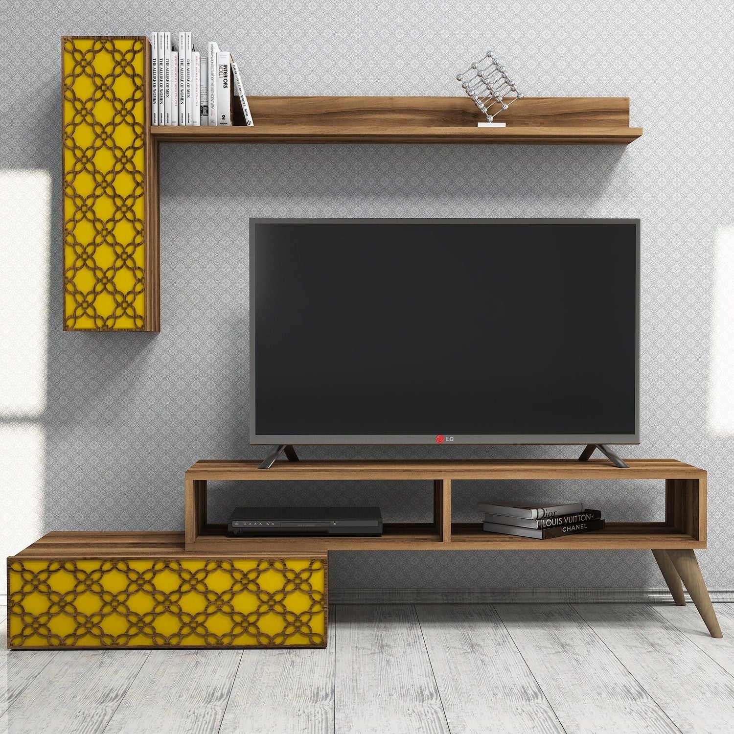 Móvel de TV boêmio elegante, nogueira e amarelo, 150 cm | 100% revestido em melamina, 18 mm de espessura | Montável na parede, várias prateleiras, design elegante
