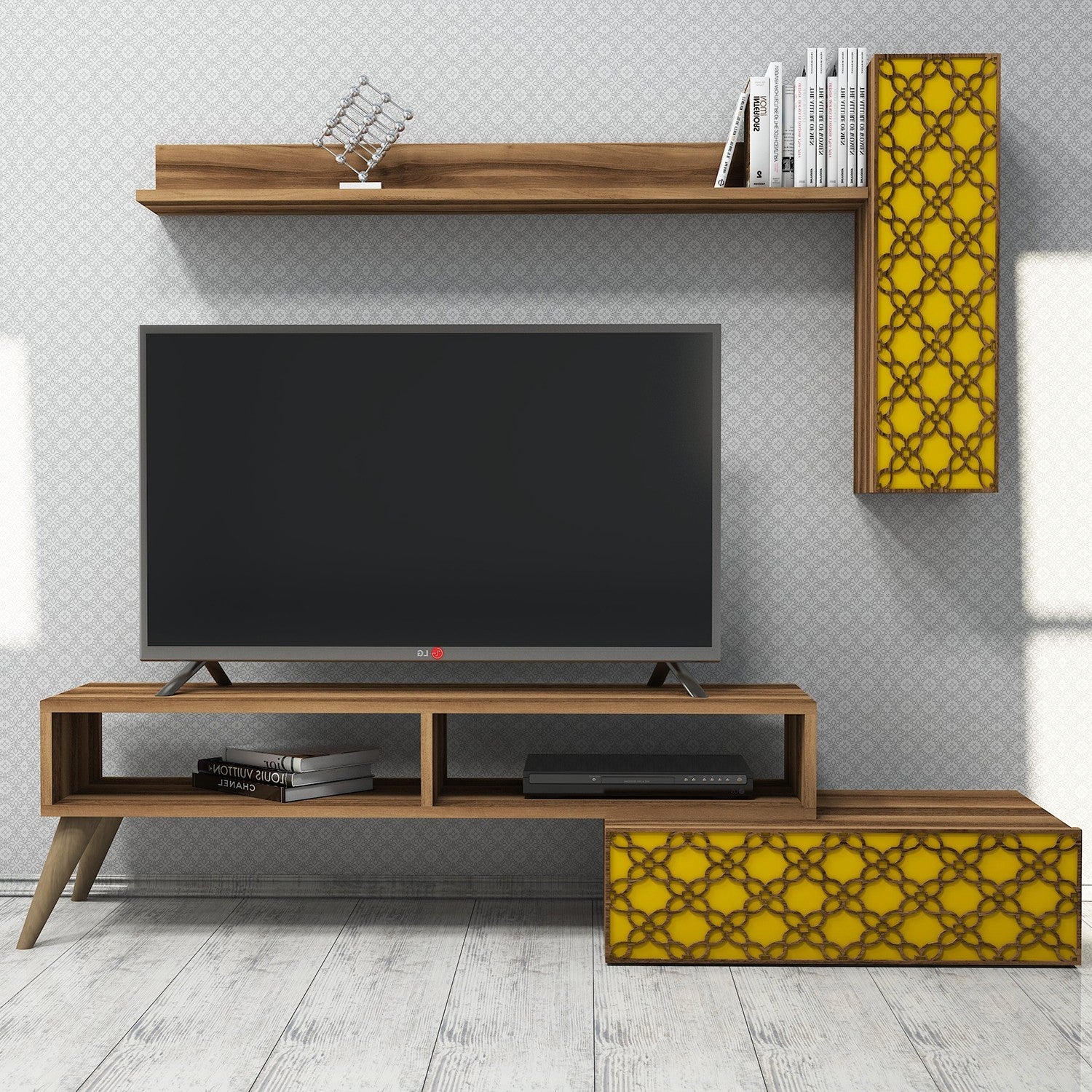 Móvel de TV boêmio elegante, nogueira e amarelo, 150 cm | 100% revestido em melamina, 18 mm de espessura | Montável na parede, várias prateleiras, design elegante
