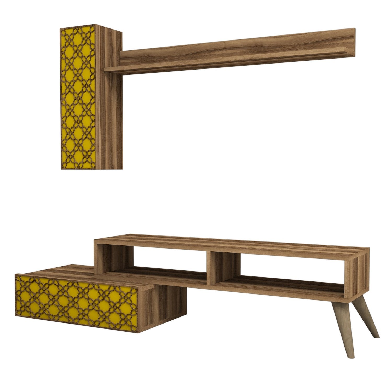 Móvel de TV boêmio elegante, nogueira e amarelo, 150 cm | 100% revestido em melamina, 18 mm de espessura | Montável na parede, várias prateleiras, design elegante
