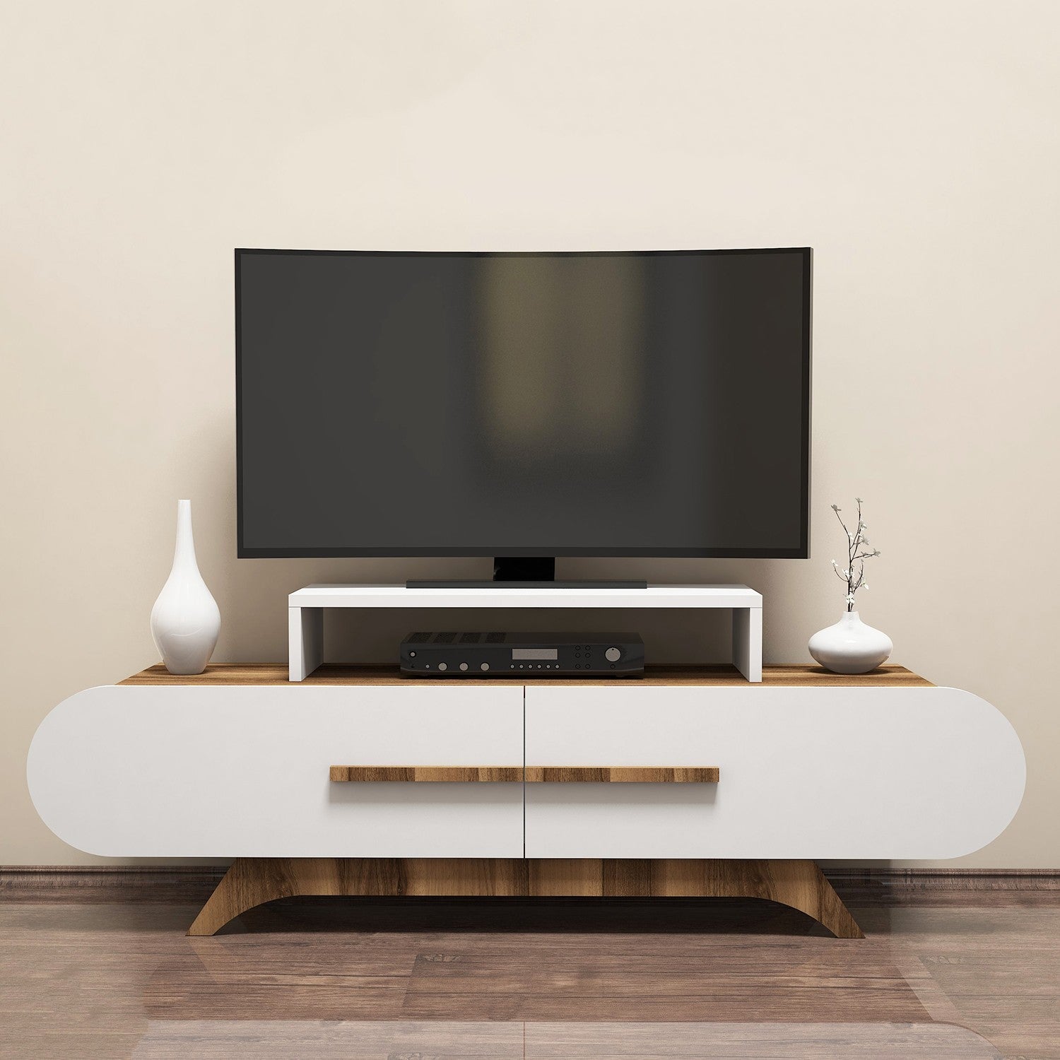 Suporte de TV moderno com opção de montagem na parede, nogueira e branco, 145 cm | Painel de partículas 100% revestido de melamina, 18 mm de espessura | Design elegante com várias prateleiras
