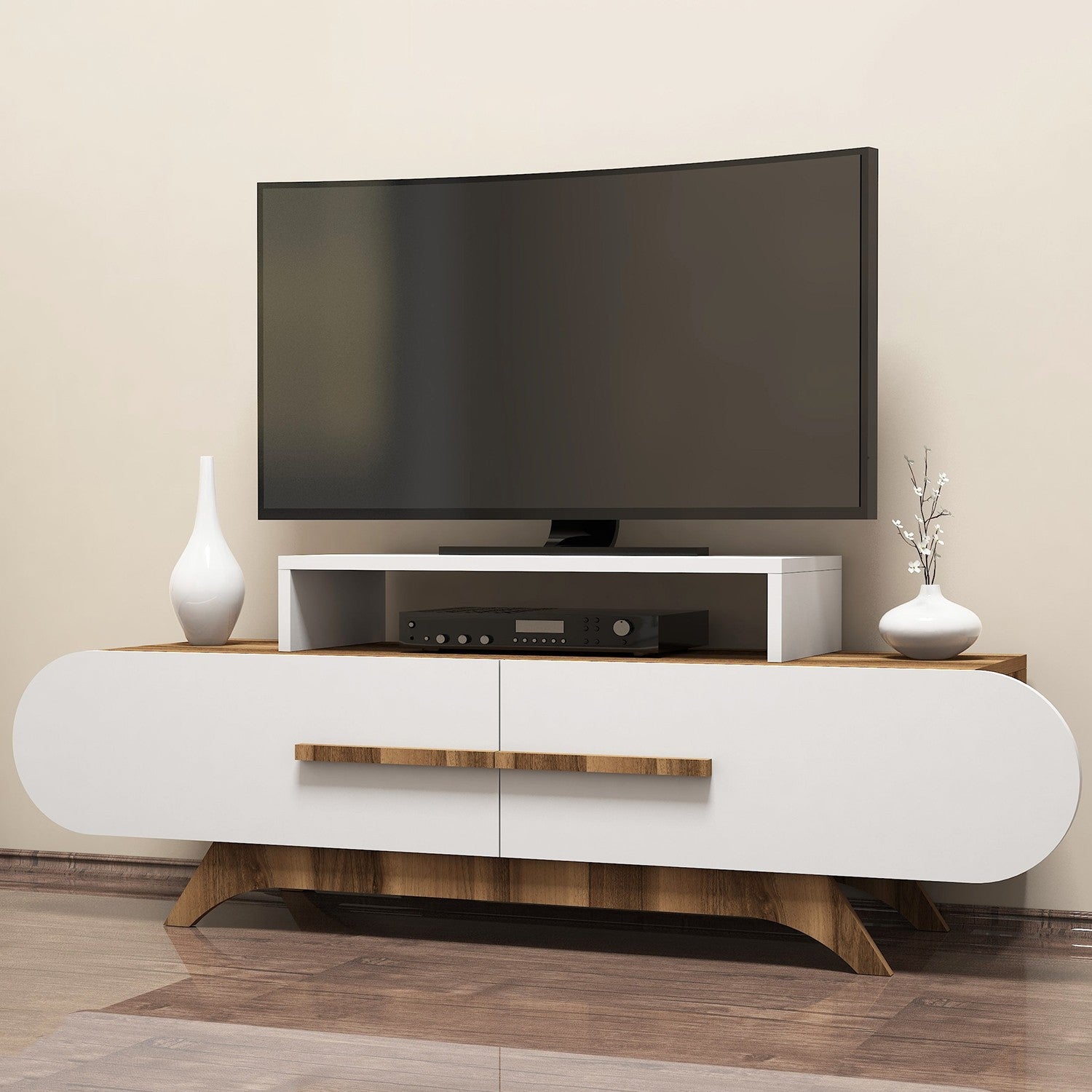 Suporte de TV moderno com opção de montagem na parede, nogueira e branco, 145 cm | Painel de partículas 100% revestido de melamina, 18 mm de espessura | Design elegante com várias prateleiras