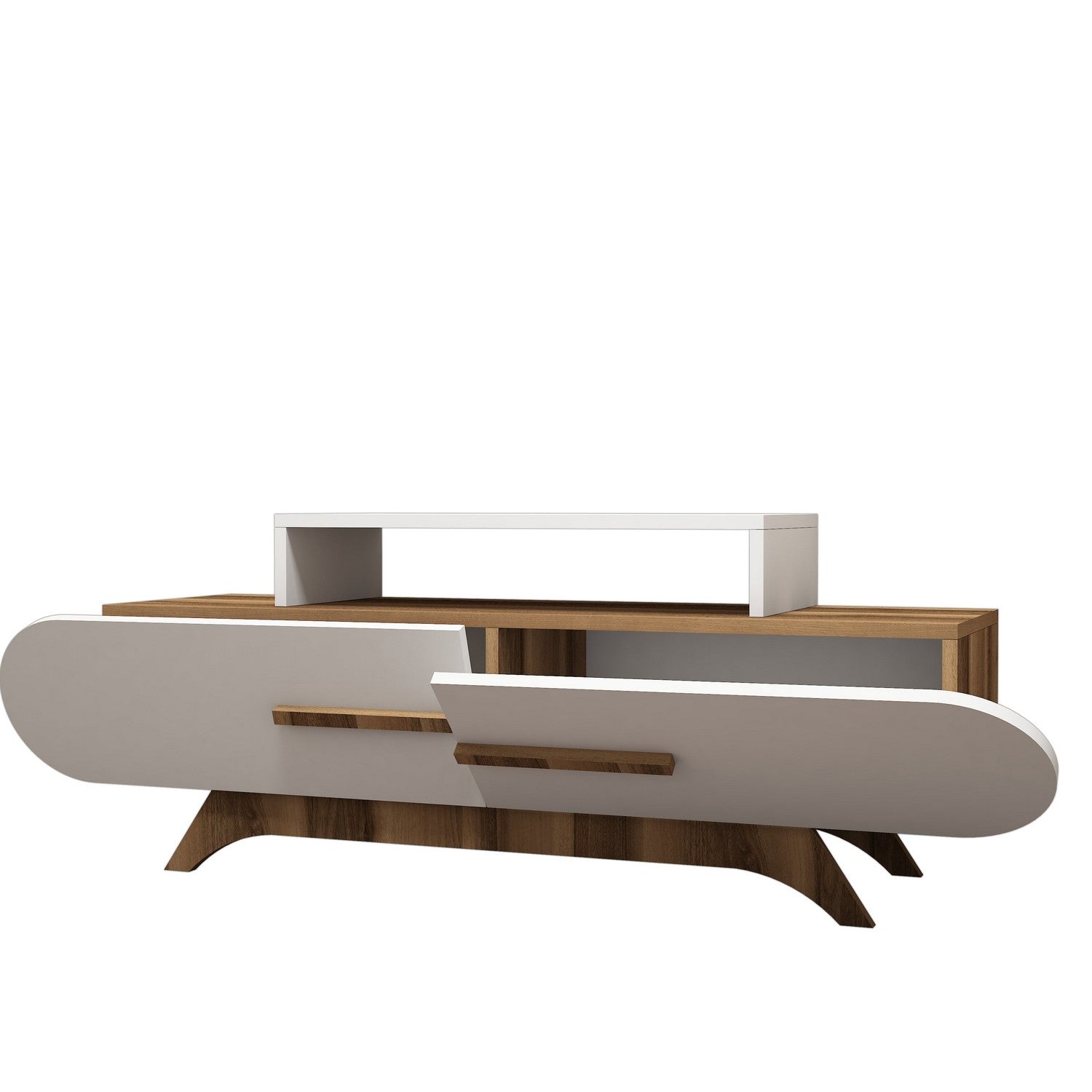 Suporte de TV moderno com opção de montagem na parede, nogueira e branco, 145 cm | Painel de partículas 100% revestido de melamina, 18 mm de espessura | Design elegante com várias prateleiras
