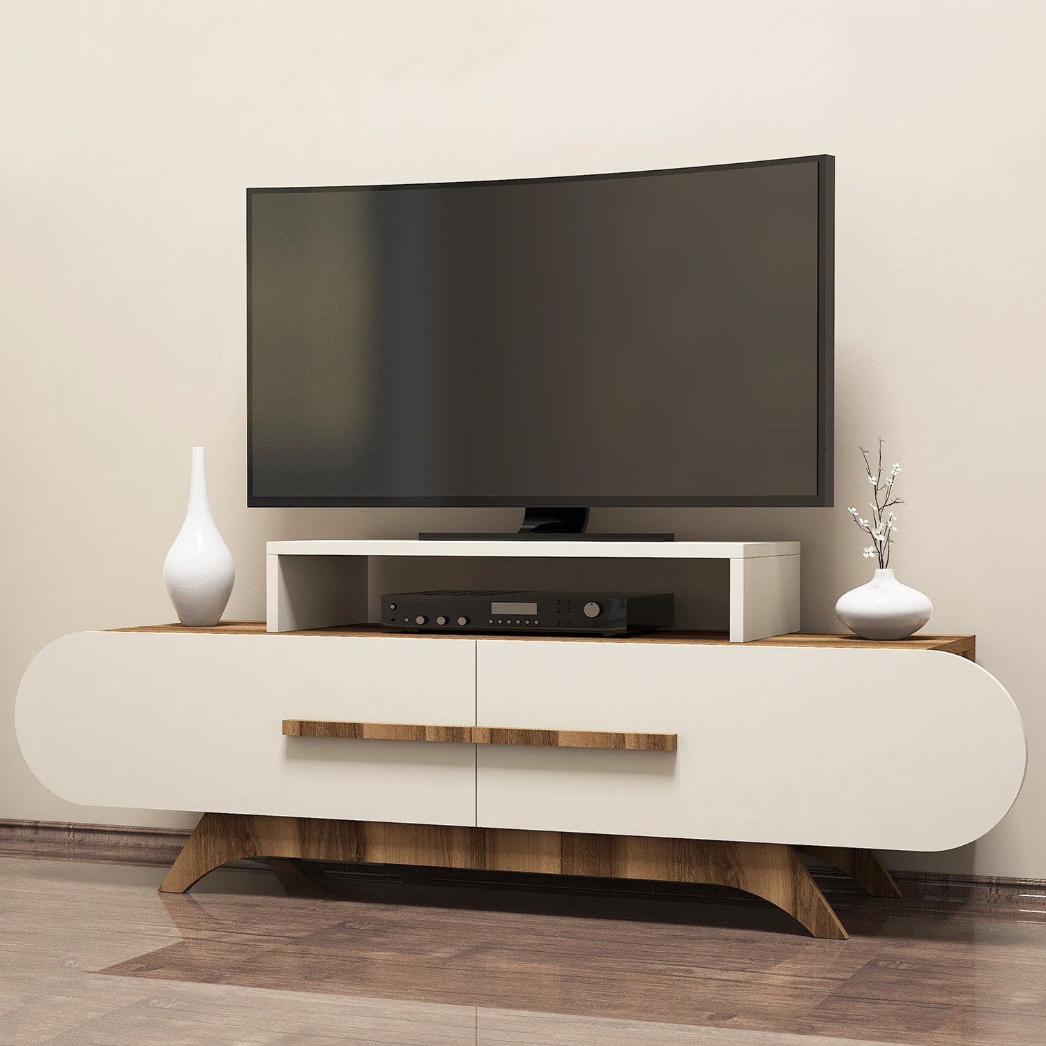 Suporte de TV moderno com opção de montagem na parede, nogueira e creme, 145 cm | Painel de partículas 100% revestido de melamina, 18 mm de espessura | Design elegante e funcional com várias prateleiras
