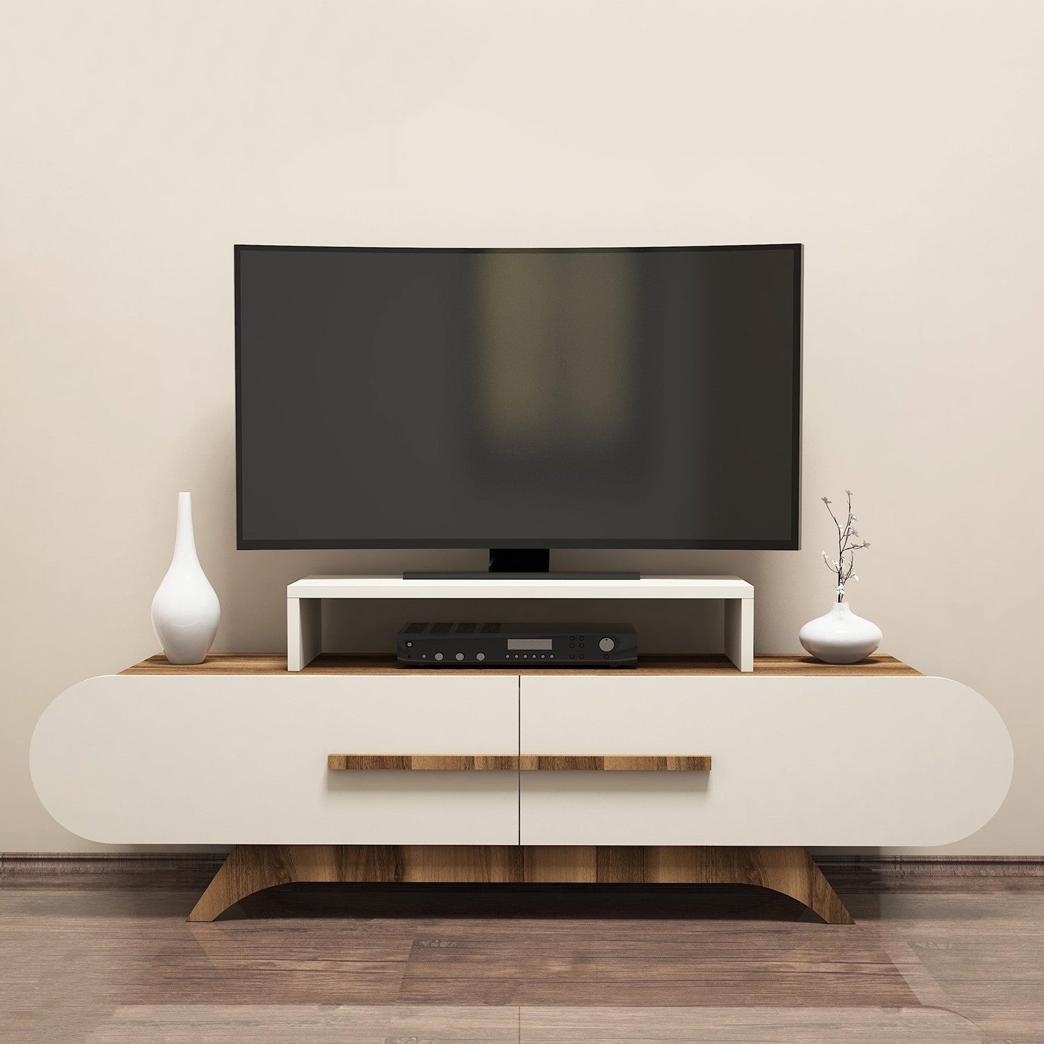 Suporte de TV moderno com opção de montagem na parede, nogueira e creme, 145 cm | Painel de partículas 100% revestido de melamina, 18 mm de espessura | Design elegante e funcional com várias prateleiras
