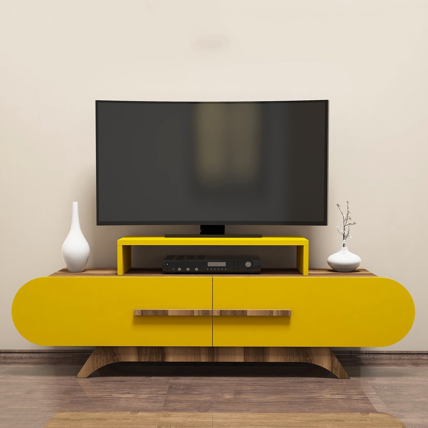 Móvel de TV – 145 cm – Nogueira e amarelo – Painel de partículas revestido a melamina