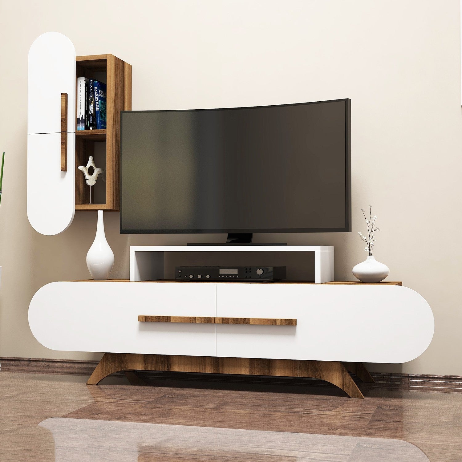 Móvel de TV moderno com prateleira de parede, nogueira e branco, 145 cm | Painel de partículas 100% revestido de melamina, 18 mm de espessura | Design elegante com várias prateleiras