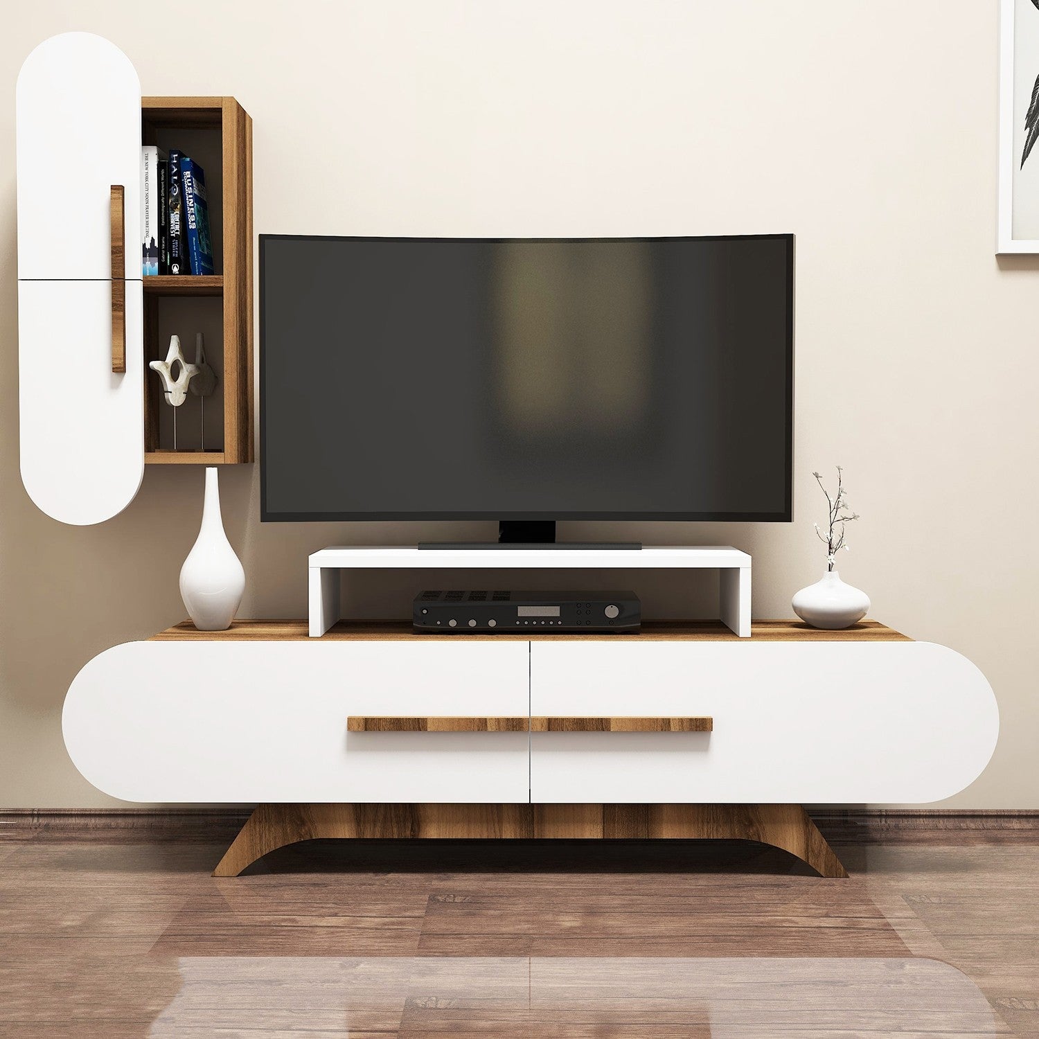 Móvel de TV moderno com prateleira de parede, nogueira e branco, 145 cm | Painel de partículas 100% revestido de melamina, 18 mm de espessura | Design elegante com várias prateleiras