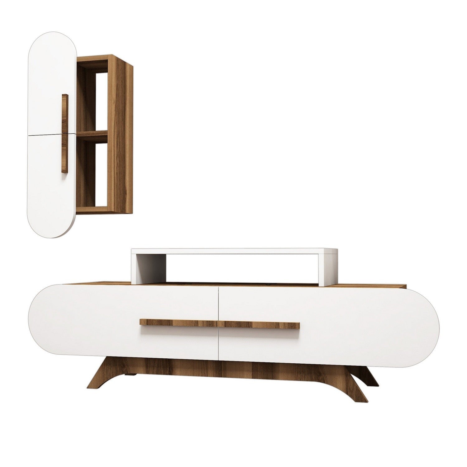 Móvel de TV moderno com prateleira de parede, nogueira e branco, 145 cm | Painel de partículas 100% revestido de melamina, 18 mm de espessura | Design elegante com várias prateleiras