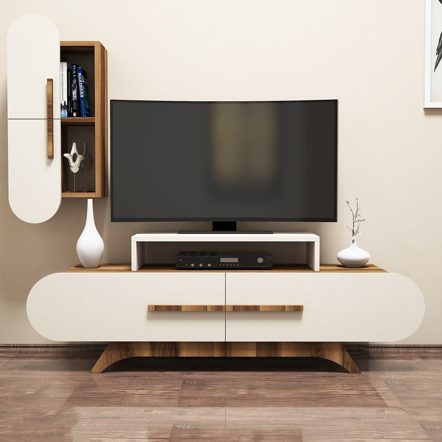 Móvel de TV moderno com prateleira de parede, nogueira e creme, 145 x 49,8 x 36,8 cm | 100% revestido em melamina, 18 mm de espessura | Armazenamento elegante com várias prateleiras