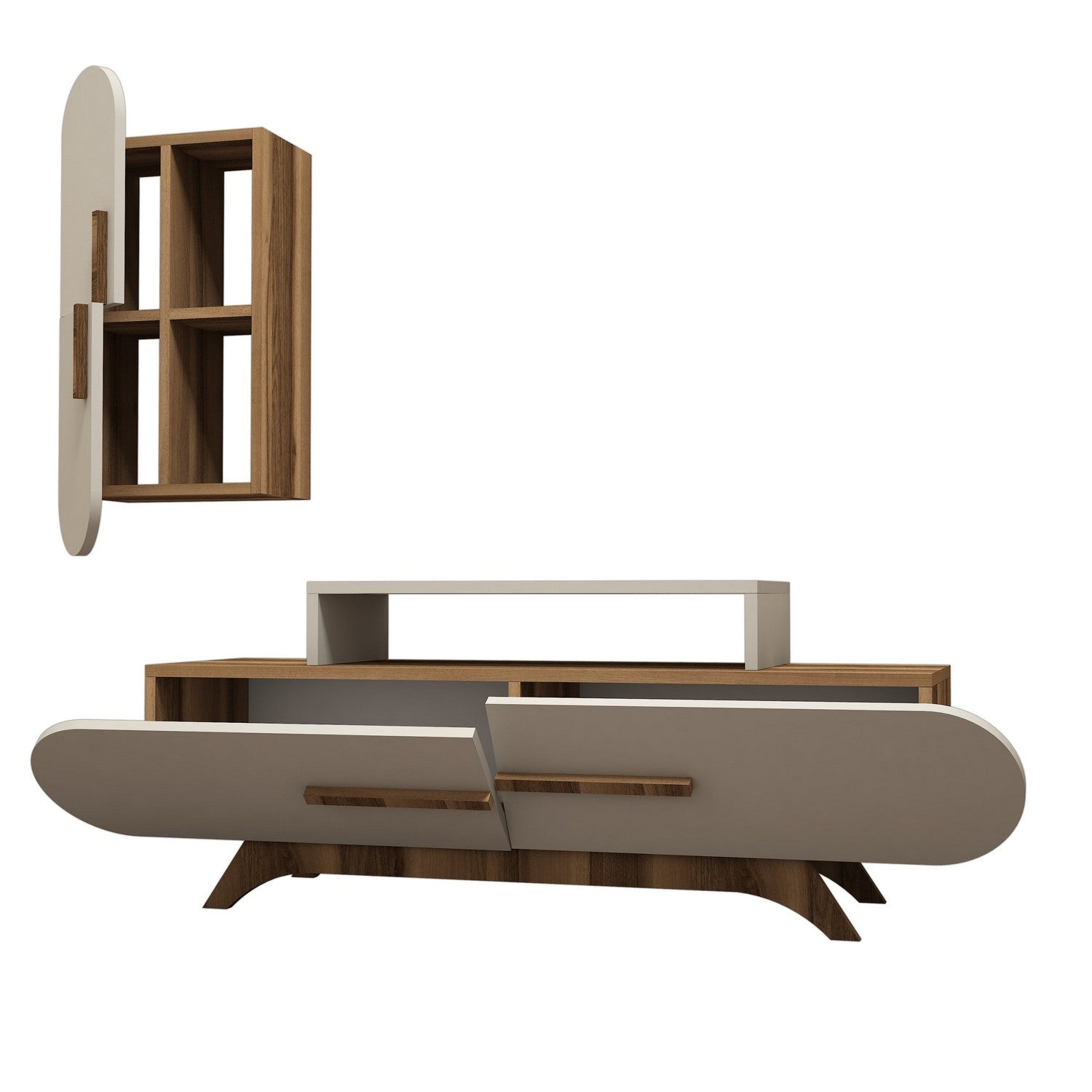 Móvel de TV moderno com prateleira de parede, nogueira e creme, 145 x 49,8 x 36,8 cm | 100% revestido em melamina, 18 mm de espessura | Armazenamento elegante com várias prateleiras