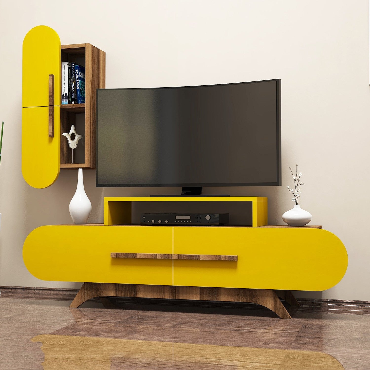 Móvel de TV boêmio elegante com prateleira de parede, nogueira e amarelo, 145 cm | Painel de partículas 100% revestido de melamina, 18 mm de espessura | Várias prateleiras, montável na parede