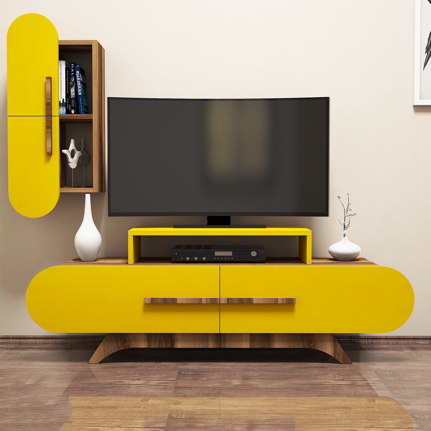 Móvel de TV boêmio elegante com prateleira de parede, nogueira e amarelo, 145 cm | Painel de partículas 100% revestido de melamina, 18 mm de espessura | Várias prateleiras, montável na parede