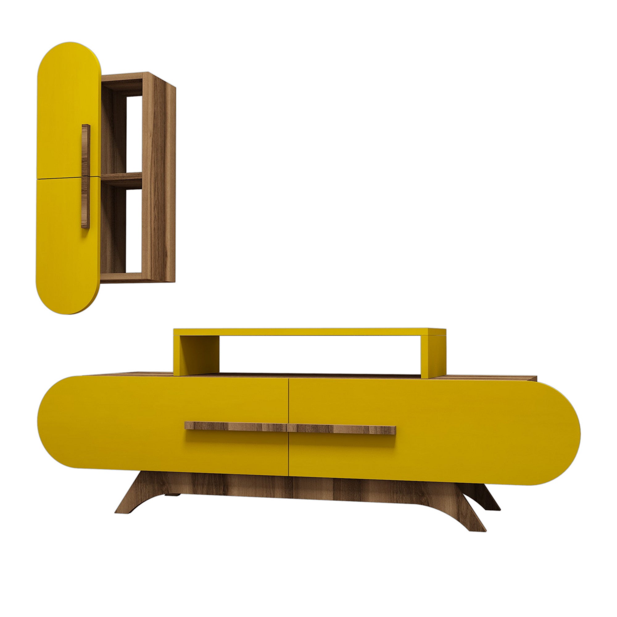 Móvel de TV boêmio elegante com prateleira de parede, nogueira e amarelo, 145 cm | Painel de partículas 100% revestido de melamina, 18 mm de espessura | Várias prateleiras, montável na parede