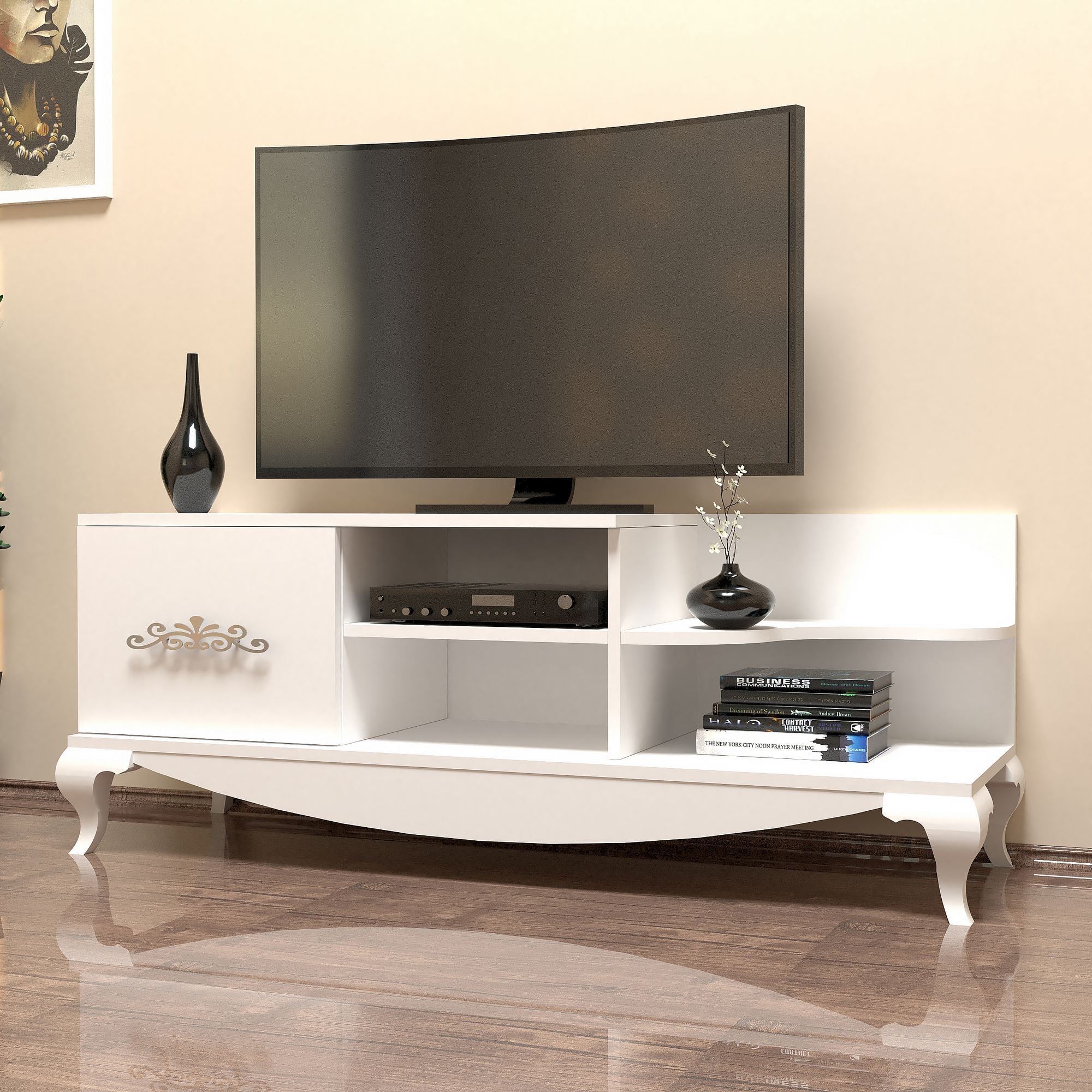 Suporte de TV moderno branco, 130 cm, 50,6 cm de altura, 45 cm de profundidade | Painel de partículas 100% revestido de melamina, 18 mm de espessura | Montável na parede com várias prateleiras