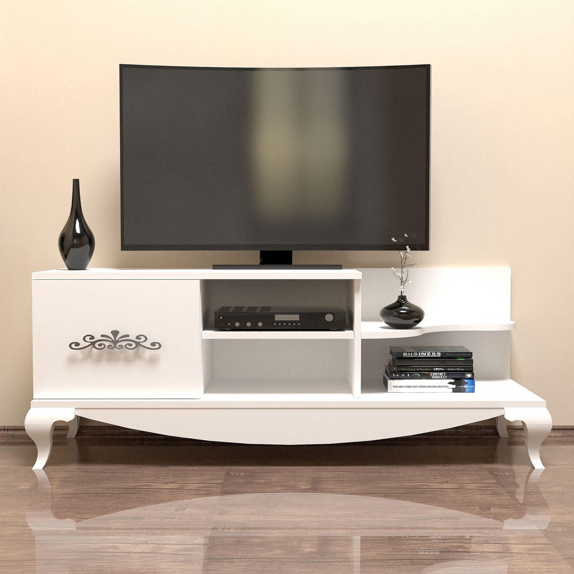 Suporte de TV moderno branco, 130 cm, 50,6 cm de altura, 45 cm de profundidade | Painel de partículas 100% revestido de melamina, 18 mm de espessura | Montável na parede com várias prateleiras