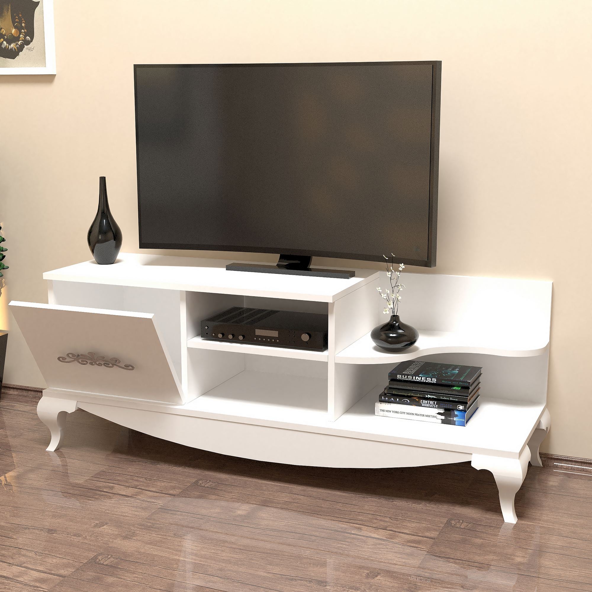 Suporte de TV moderno branco, 130 cm, 50,6 cm de altura, 45 cm de profundidade | Painel de partículas 100% revestido de melamina, 18 mm de espessura | Montável na parede com várias prateleiras