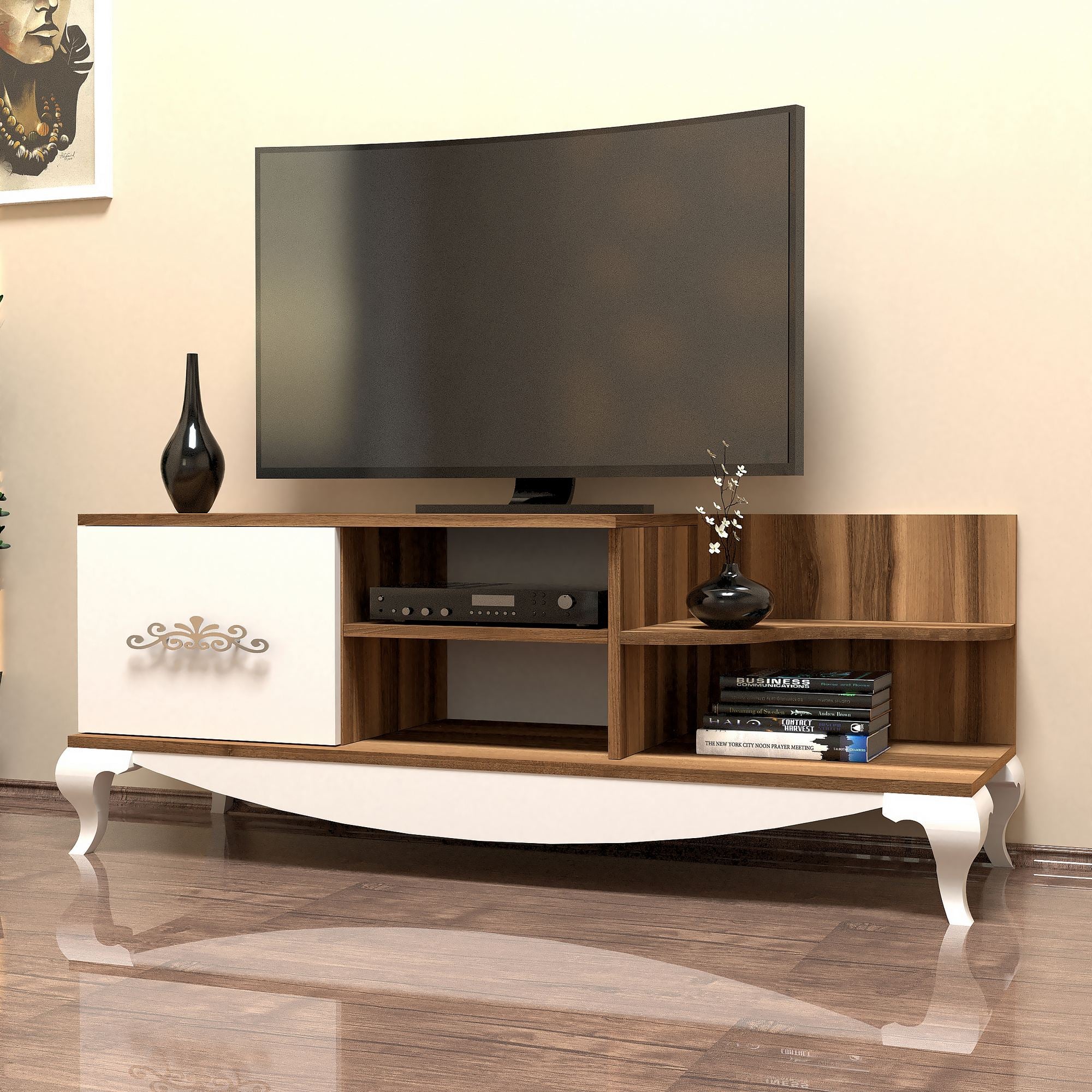 Suporte de TV moderno com opção de montagem na parede, nogueira e branco, 130 cm x 50,6 cm x 45 cm | 100% revestido em melamina, 18 mm de espessura, design elegante e funcional