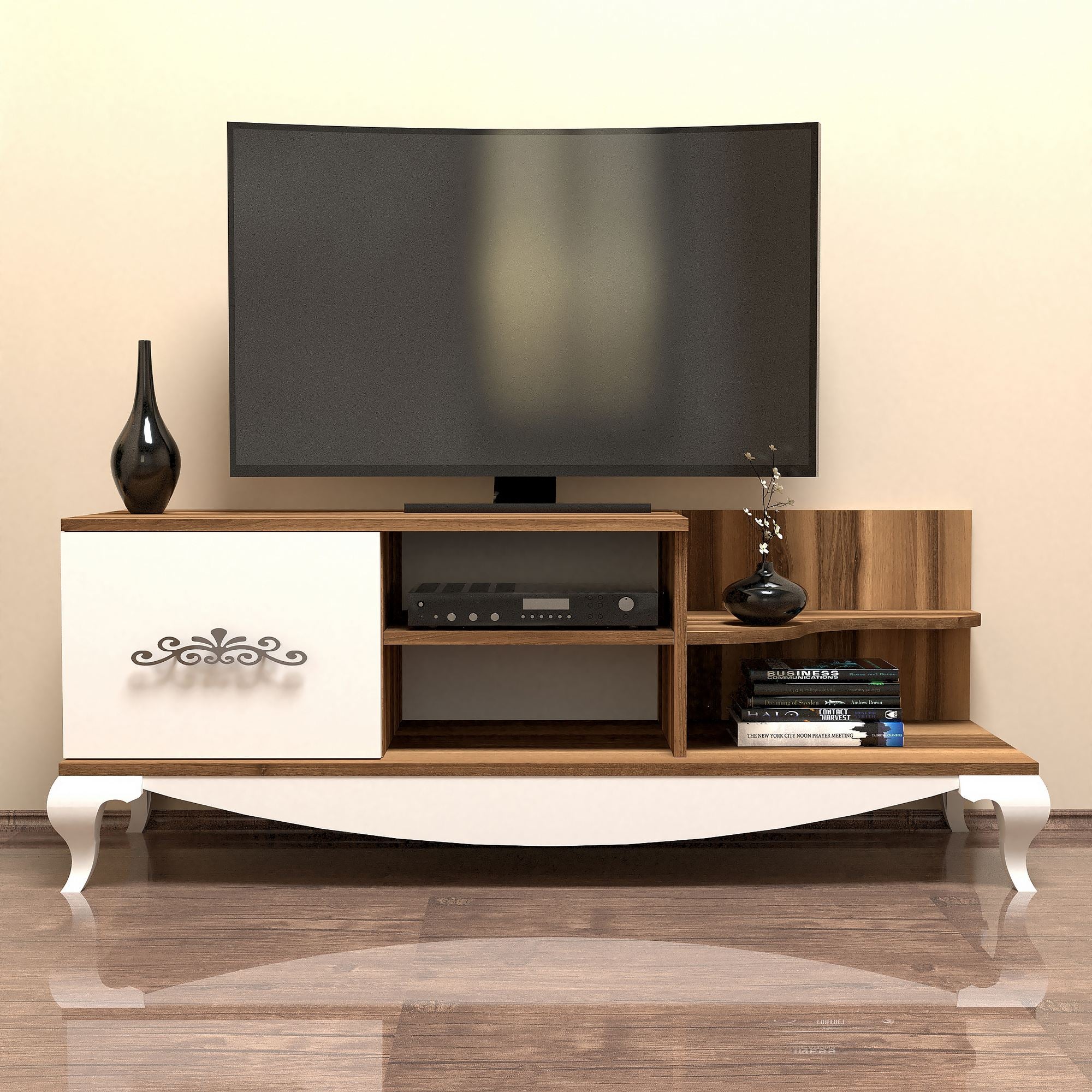 Suporte de TV moderno com opção de montagem na parede, nogueira e branco, 130 cm x 50,6 cm x 45 cm | 100% revestido em melamina, 18 mm de espessura, design elegante e funcional