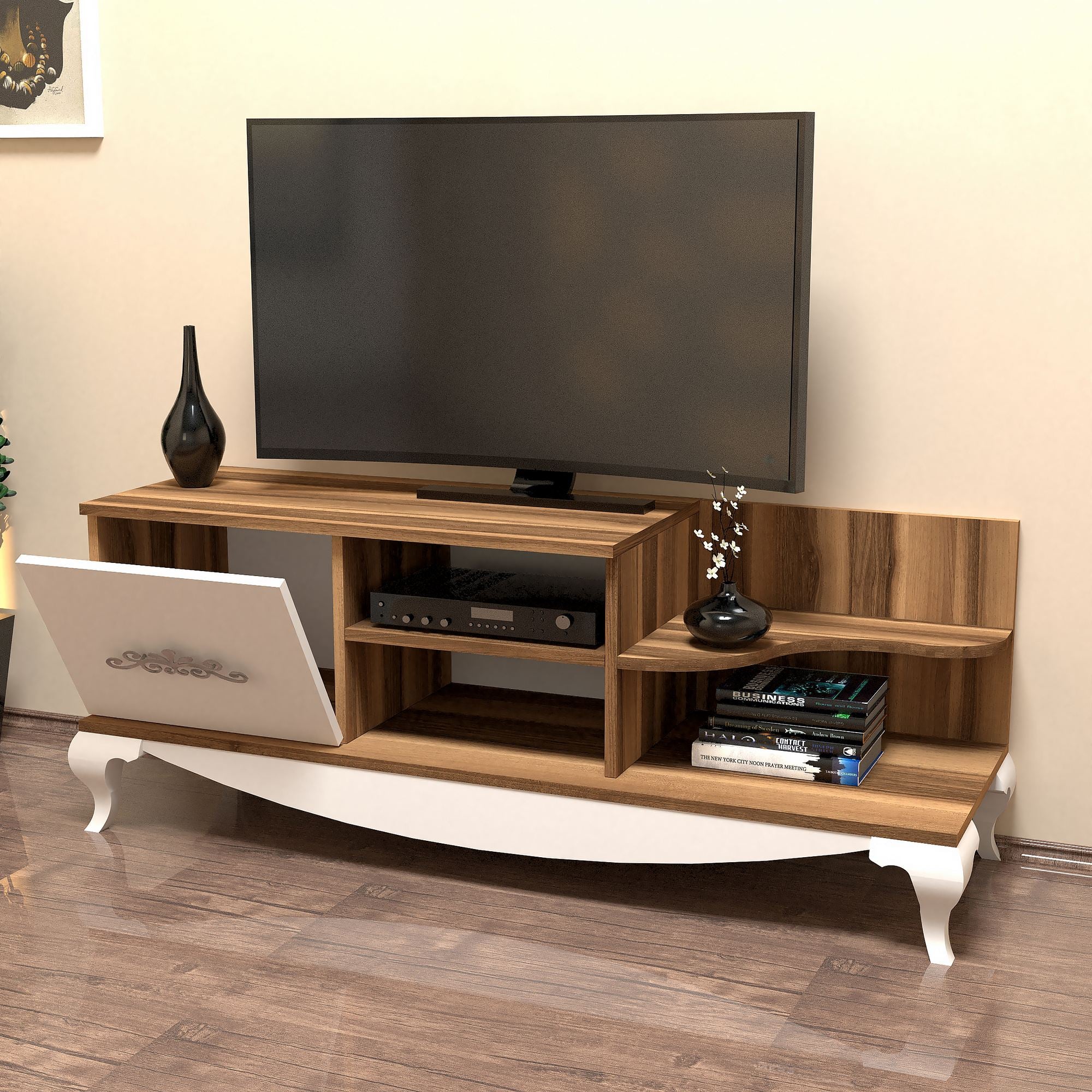 Suporte de TV moderno com opção de montagem na parede, nogueira e branco, 130 cm x 50,6 cm x 45 cm | 100% revestido em melamina, 18 mm de espessura, design elegante e funcional