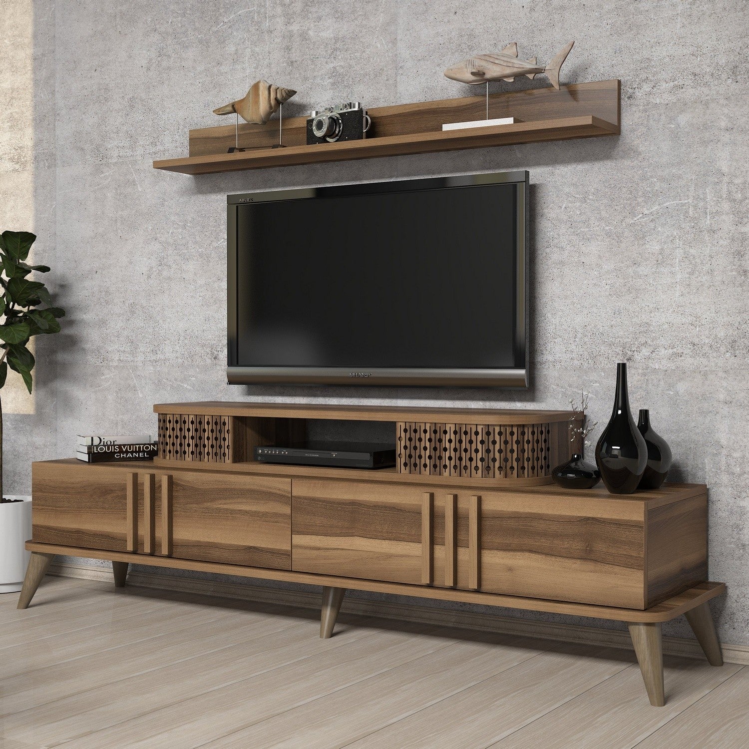 Móvel de TV moderno em nogueira, 168 cm | 100% revestido em melamina, 18 mm de espessura | Montável na parede com várias prateleiras | Elegante e funcional para salas de estar