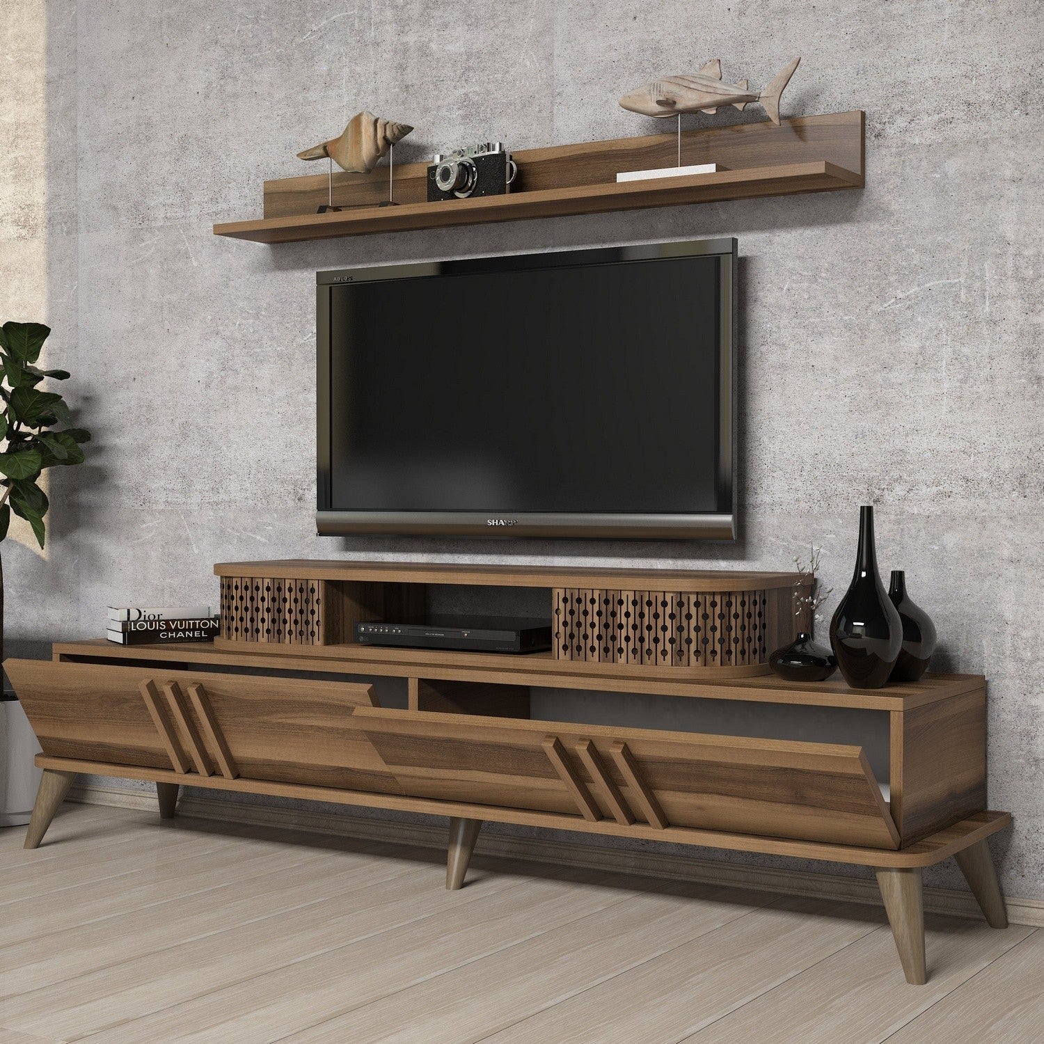 Móvel de TV moderno em nogueira, 168 cm | 100% revestido em melamina, 18 mm de espessura | Montável na parede com várias prateleiras | Elegante e funcional para salas de estar