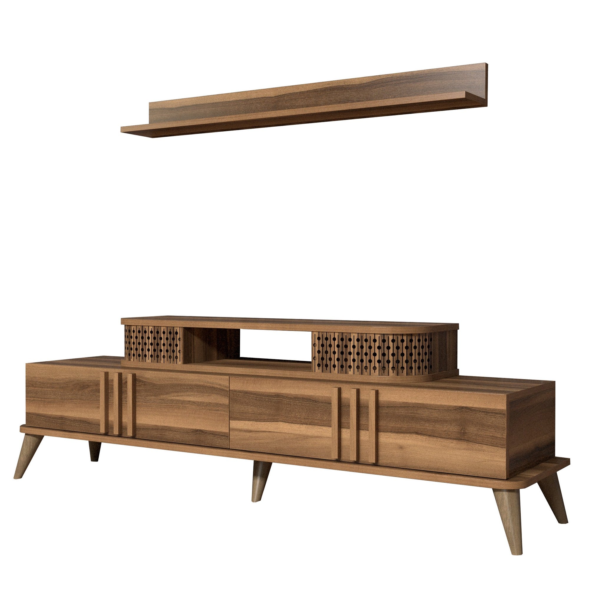 Móvel de TV moderno em nogueira, 168 cm | 100% revestido em melamina, 18 mm de espessura | Montável na parede com várias prateleiras | Elegante e funcional para salas de estar