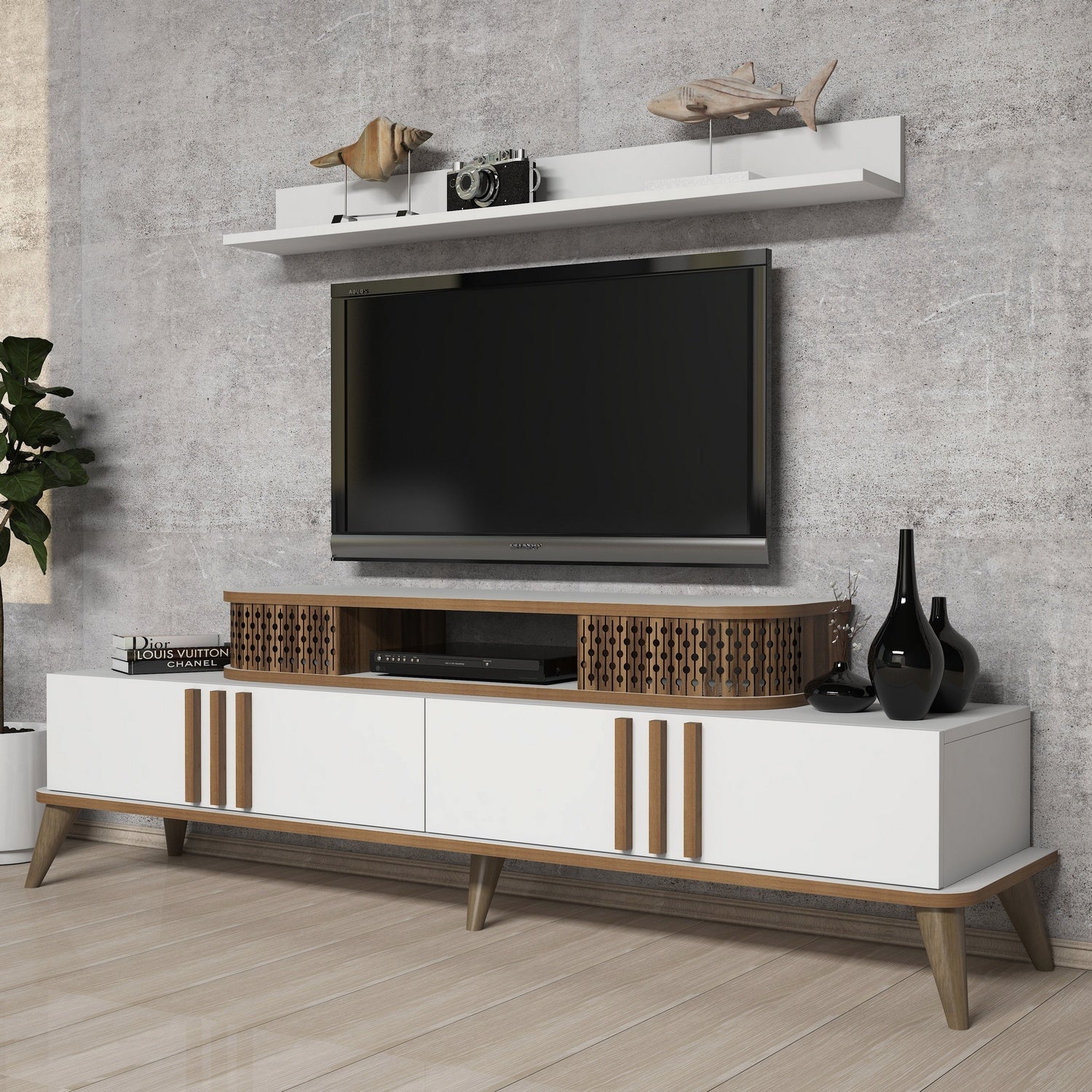 Móvel de TV moderno branco com prateleira de parede, 168 cm | 100% revestido em melamina, 18 mm de espessura | Design elegante e funcional para salas de estar e espaços de entretenimento