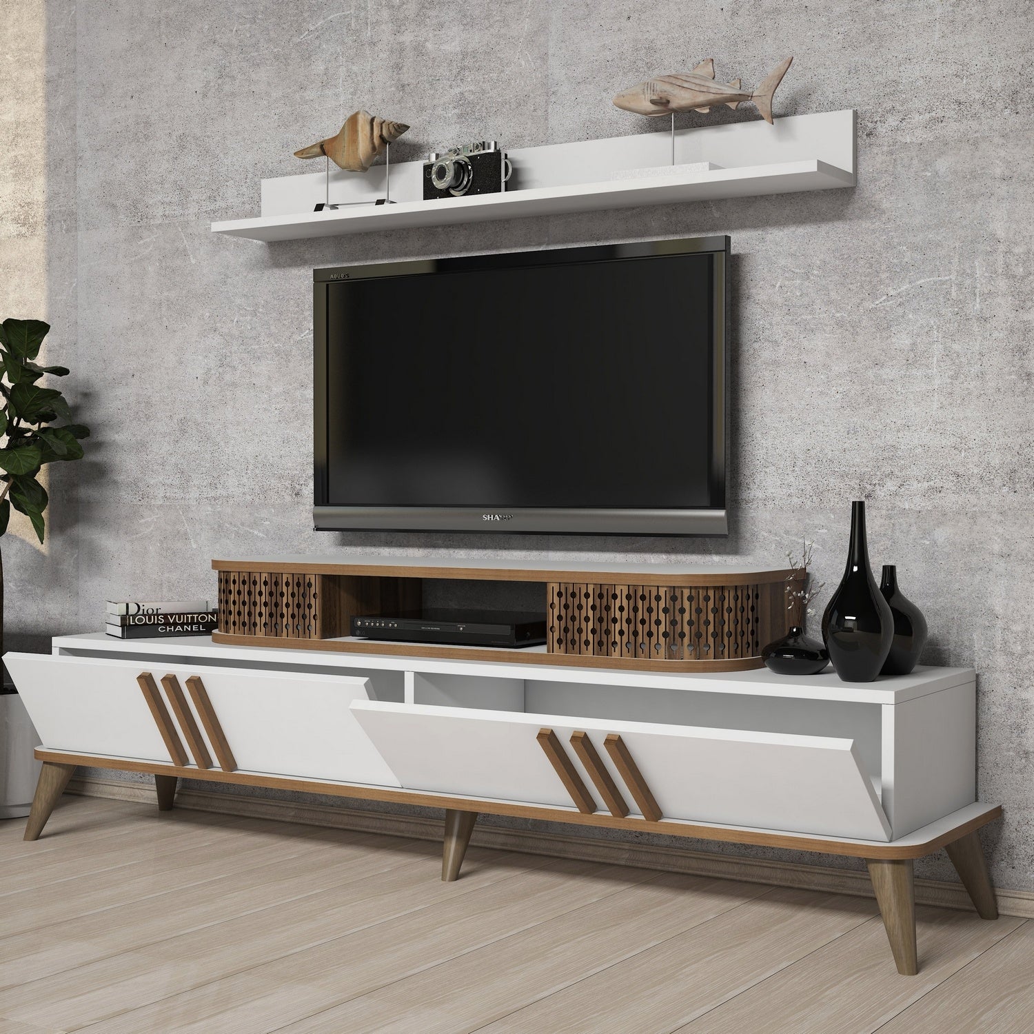Móvel de TV moderno branco com prateleira de parede, 168 cm | 100% revestido em melamina, 18 mm de espessura | Design elegante e funcional para salas de estar e espaços de entretenimento