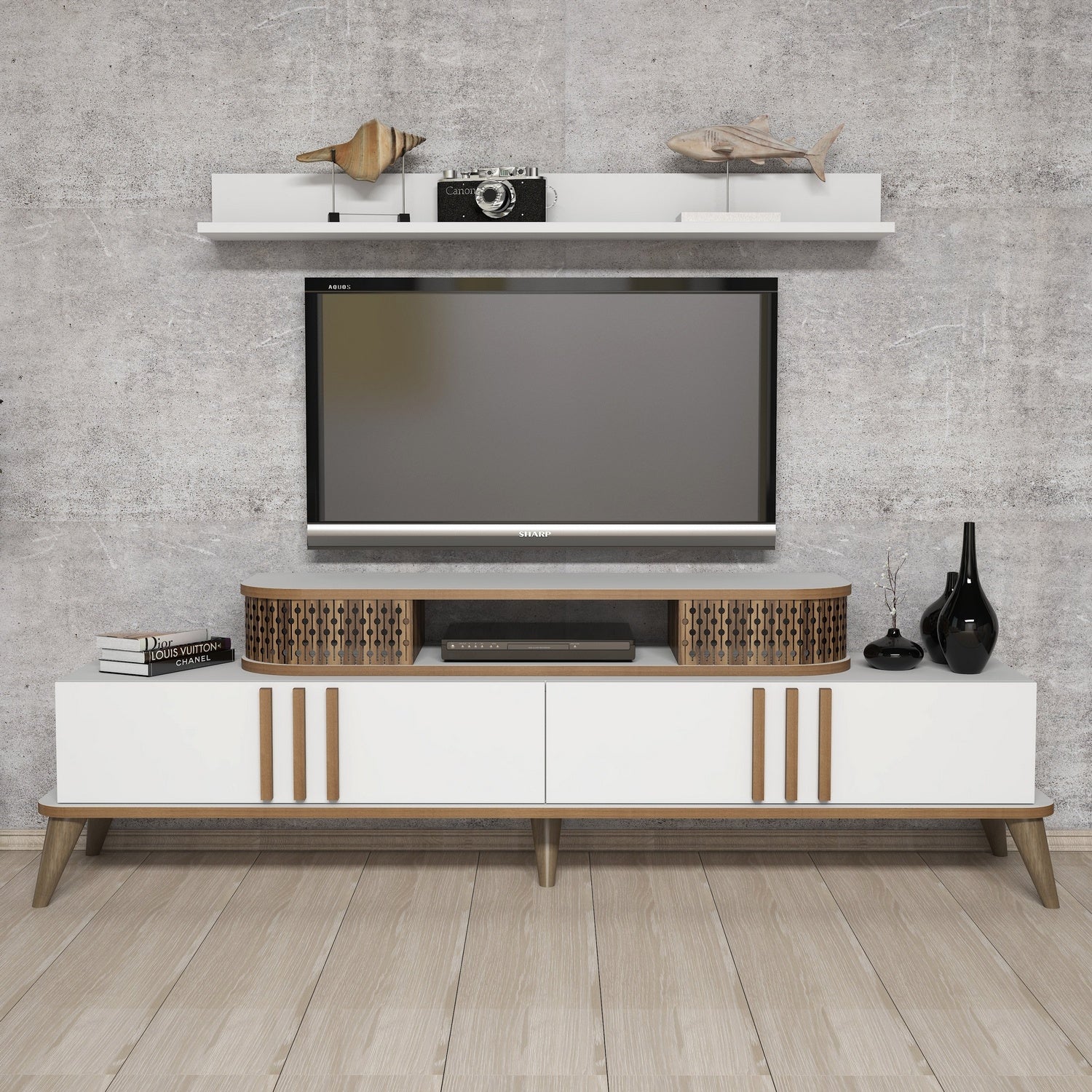 Móvel de TV moderno branco com prateleira de parede, 168 cm | 100% revestido em melamina, 18 mm de espessura | Design elegante e funcional para salas de estar e espaços de entretenimento