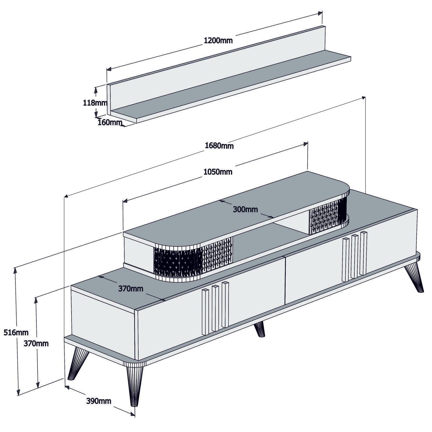 Móvel de TV moderno branco com prateleira de parede, 168 cm | 100% revestido em melamina, 18 mm de espessura | Design elegante e funcional para salas de estar e espaços de entretenimento
