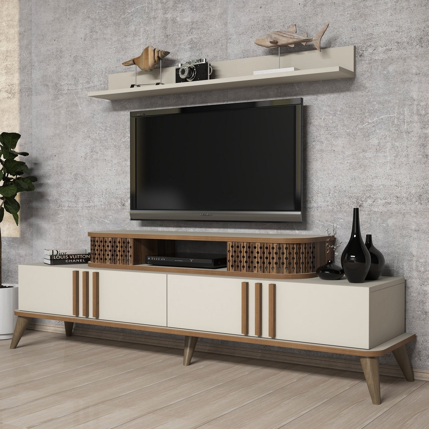 Móvel de TV moderno em creme, 168 cm de largura, 100% revestido em melamina, 18 mm de espessura | Montável na parede com várias prateleiras | Design tradicional americano elegante