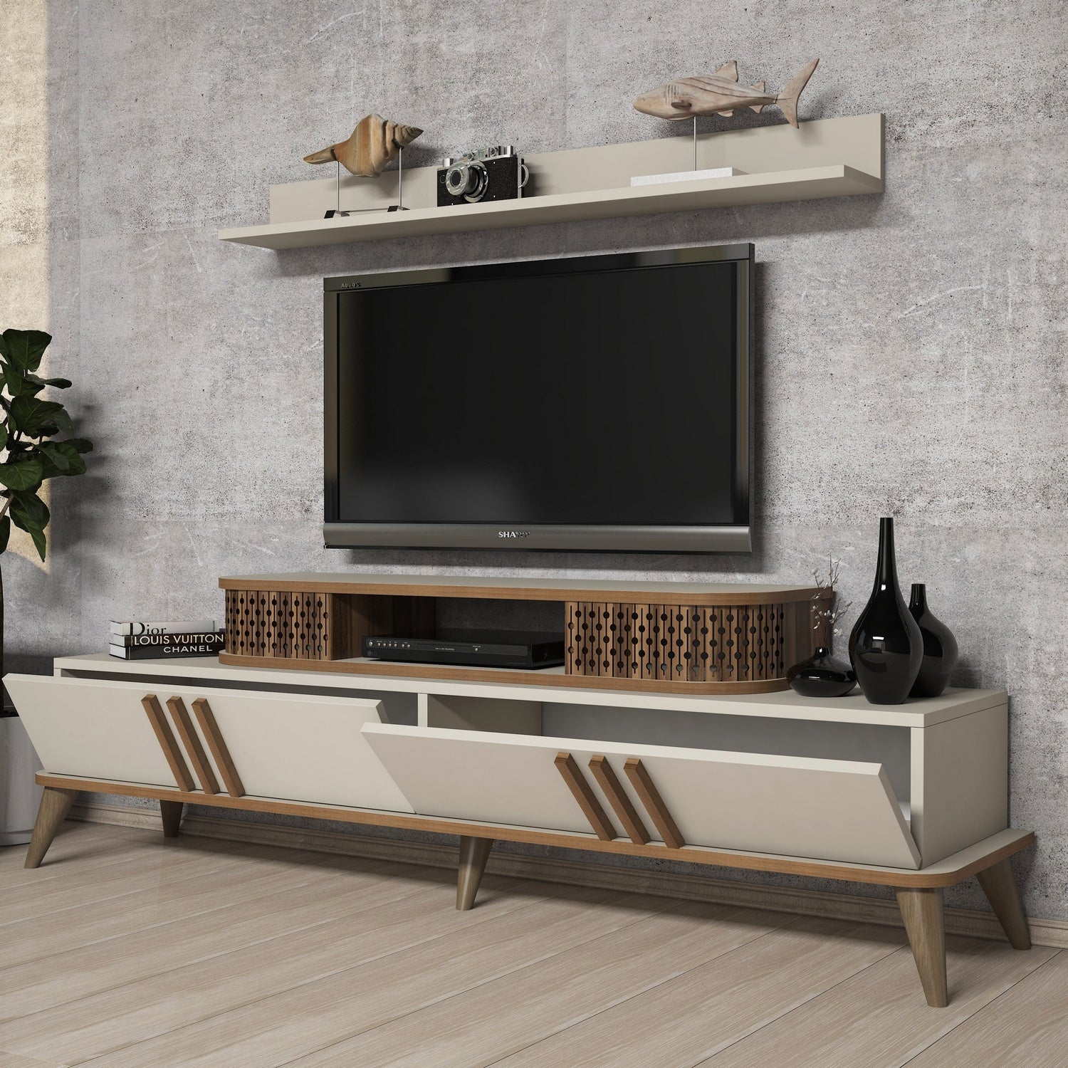 Móvel de TV moderno em creme, 168 cm de largura, 100% revestido em melamina, 18 mm de espessura | Montável na parede com várias prateleiras | Design tradicional americano elegante