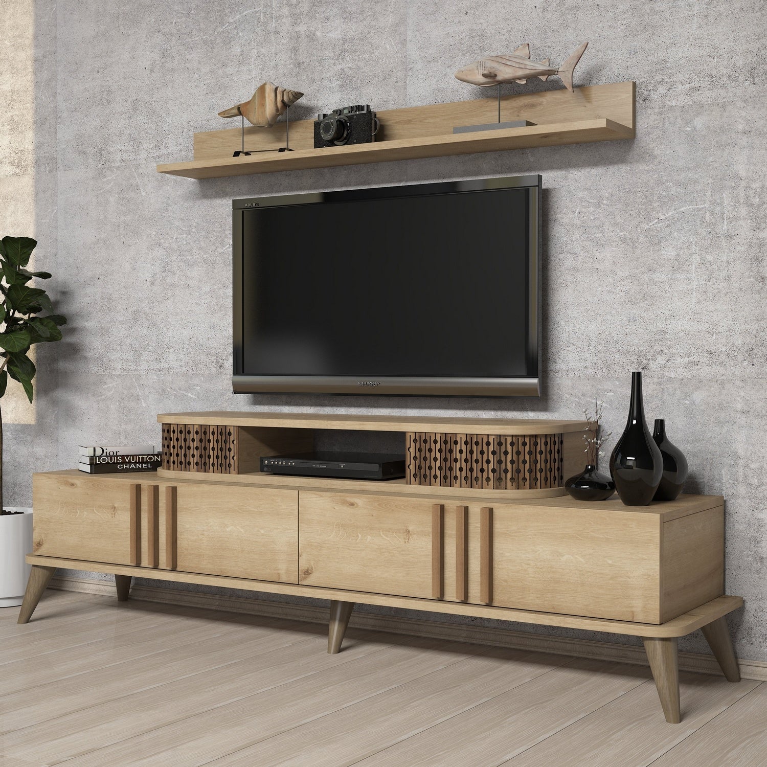 Móvel de TV moderno em carvalho com prateleira de parede, 168 cm | 100% revestido em melamina, 18 mm de espessura | Design elegante e funcional para sala de estar, várias prateleiras