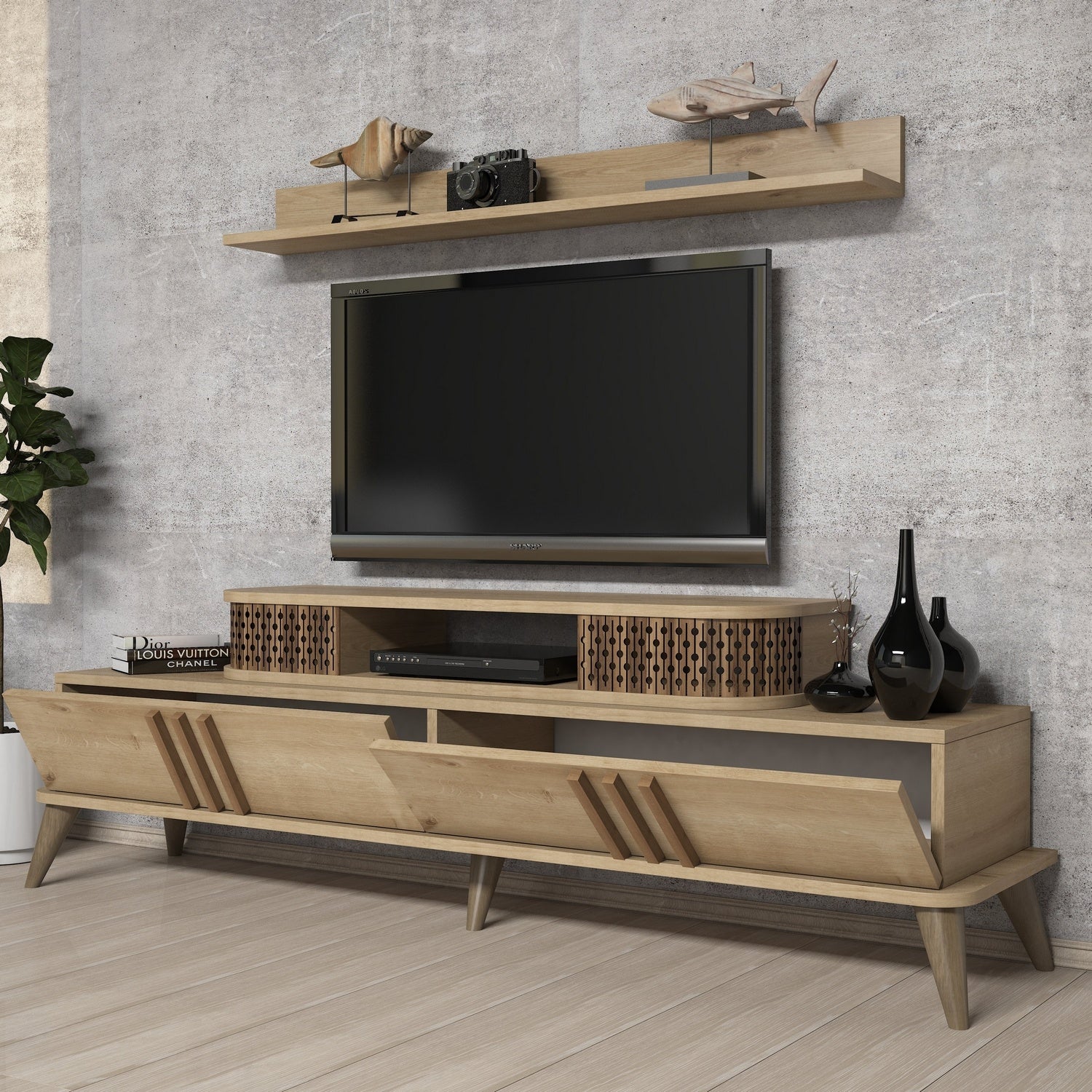 Móvel de TV moderno em carvalho com prateleira de parede, 168 cm | 100% revestido em melamina, 18 mm de espessura | Design elegante e funcional para sala de estar, várias prateleiras