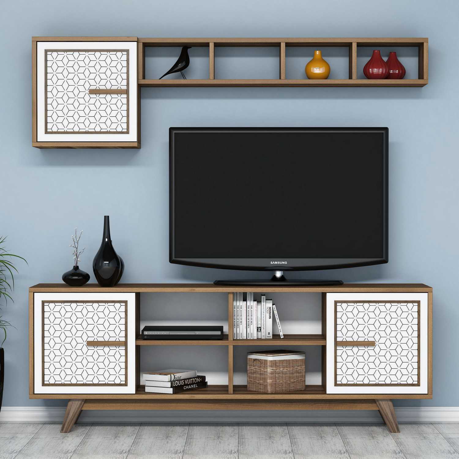 Móvel de TV moderno com prateleira de parede, nogueira e branco, 160 cm | Painel de partículas 100% revestido de melamina, 18 mm de espessura | Design elegante com várias prateleiras