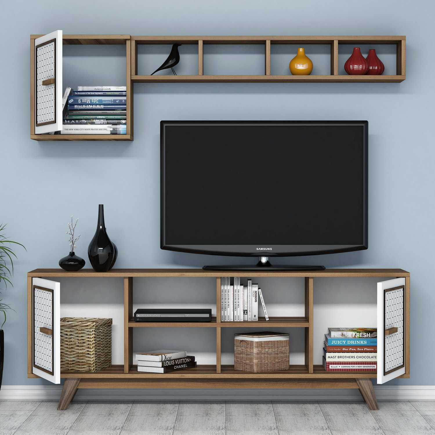 Móvel de TV moderno com prateleira de parede, nogueira e branco, 160 cm | Painel de partículas 100% revestido de melamina, 18 mm de espessura | Design elegante com várias prateleiras