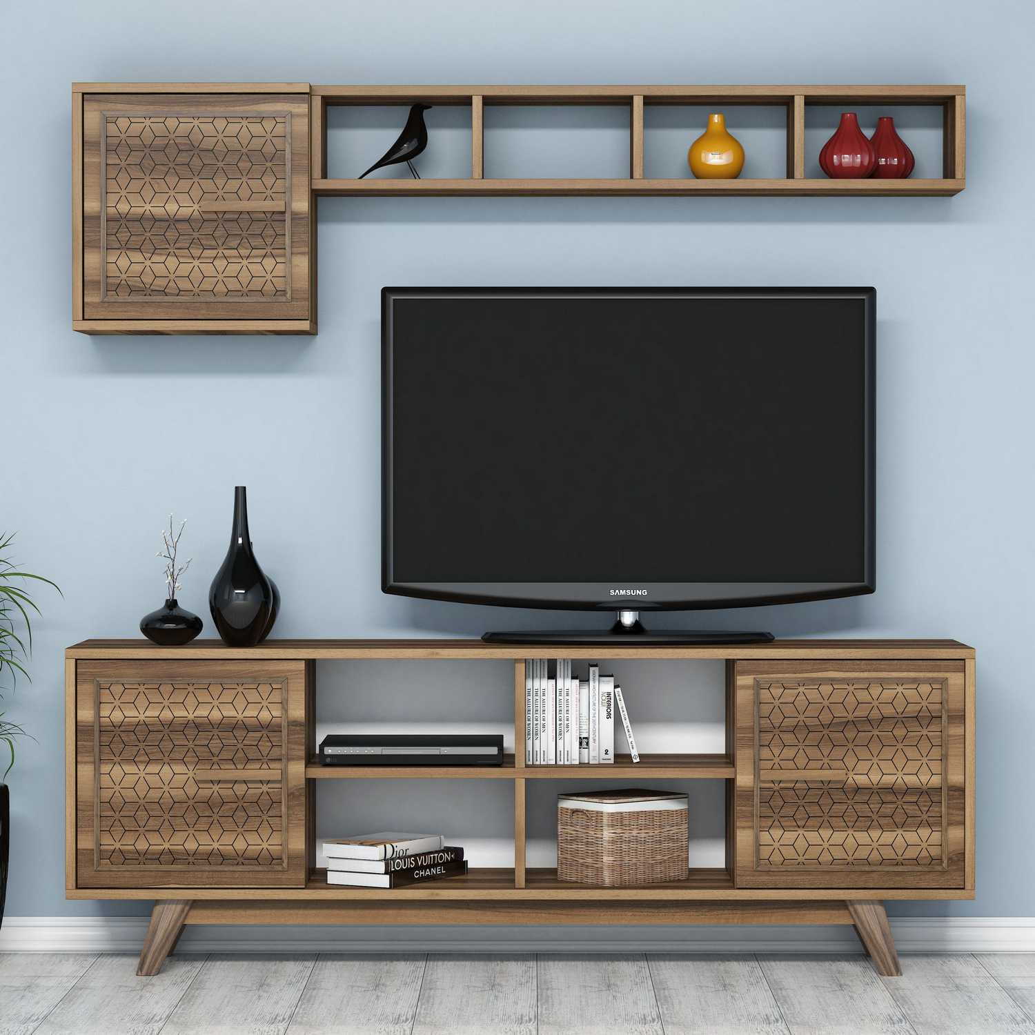 Móvel de TV moderno em nogueira com prateleira de parede, 160 cm | 100% revestido em melamina, 18 mm de espessura | Design elegante com várias prateleiras, perfeito para qualquer sala de estar