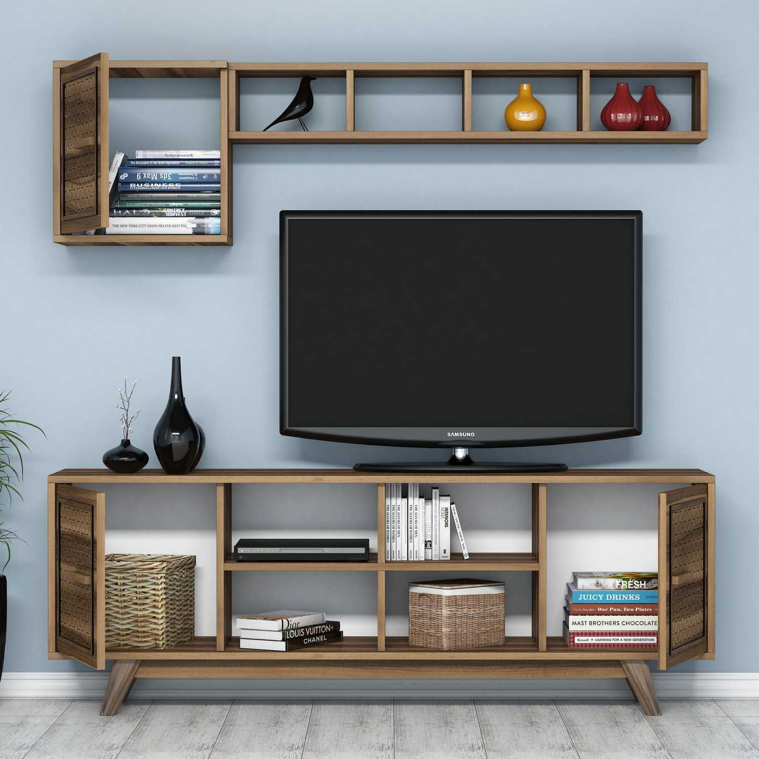 Móvel de TV moderno em nogueira com prateleira de parede, 160 cm | 100% revestido em melamina, 18 mm de espessura | Design elegante com várias prateleiras, perfeito para qualquer sala de estar