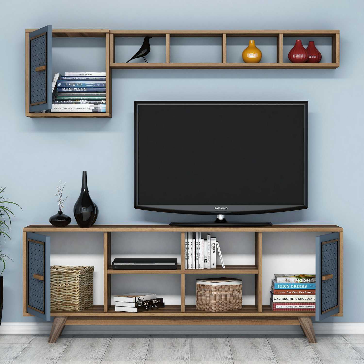 Móvel de TV moderno com prateleira de parede e armário, nogueira e azul, 160 cm | Painel de partículas 100% revestido de melamina, 18 mm de espessura | Design elegante e funcional para salas de estar