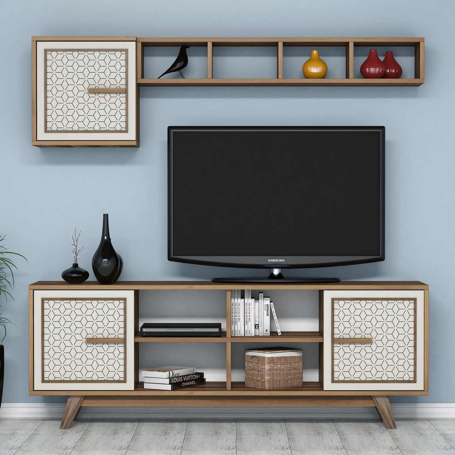 Móvel de TV moderno com prateleira de parede e armário, nogueira e creme, 160 x 56,2 x 35 cm | 100% revestido em melamina, 18 mm de espessura | Design elegante e funcional