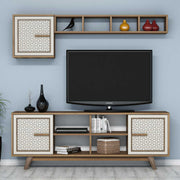Móvel de TV moderno com prateleira de parede e armário, nogueira e creme, 160 x 56,2 x 35 cm | 100% revestido em melamina, 18 mm de espessura | Design elegante e funcional