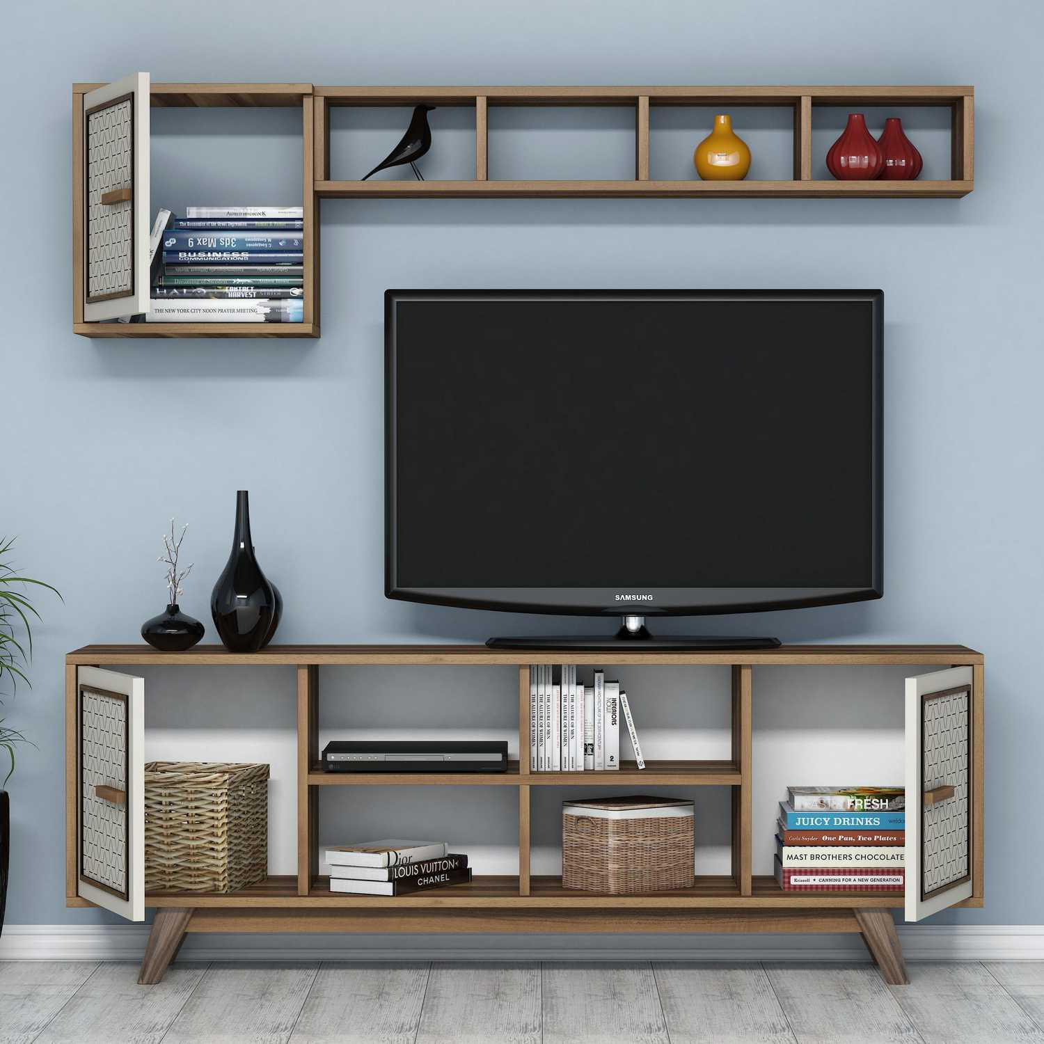 Móvel de TV moderno com prateleira de parede e armário, nogueira e creme, 160 x 56,2 x 35 cm | 100% revestido em melamina, 18 mm de espessura | Design elegante e funcional