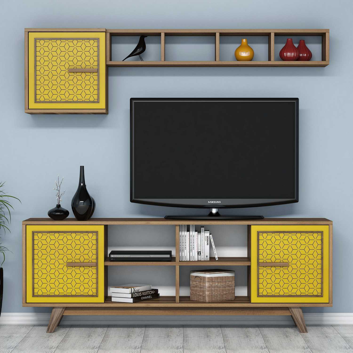 Móvel de TV boêmio elegante com prateleira de parede, nogueira e amarelo, 160 cm | 100% revestido em melamina, 18 mm de espessura | Várias prateleiras, perfeito para espaços de estar modernos