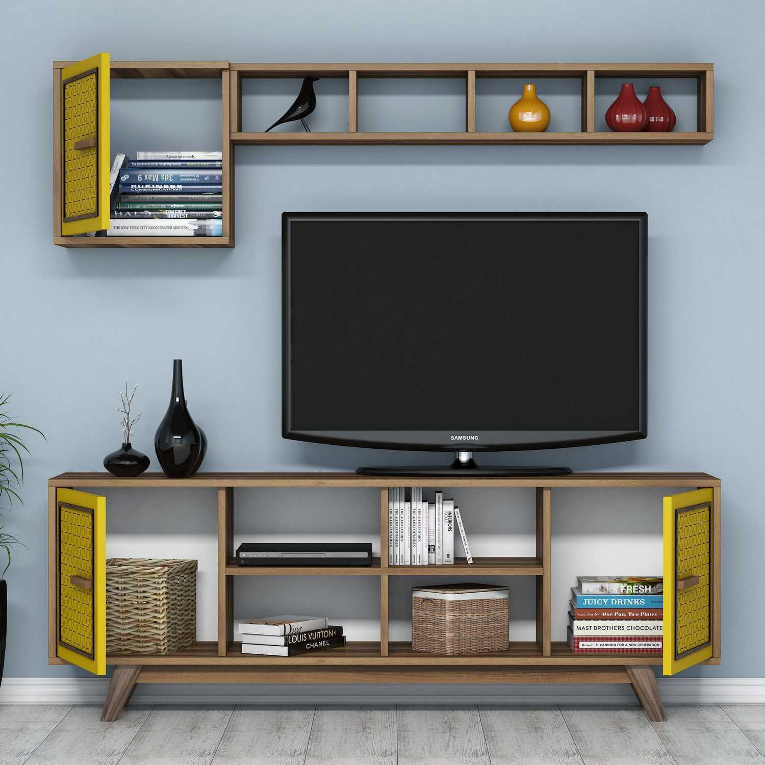 Móvel de TV boêmio elegante com prateleira de parede, nogueira e amarelo, 160 cm | 100% revestido em melamina, 18 mm de espessura | Várias prateleiras, perfeito para espaços de estar modernos