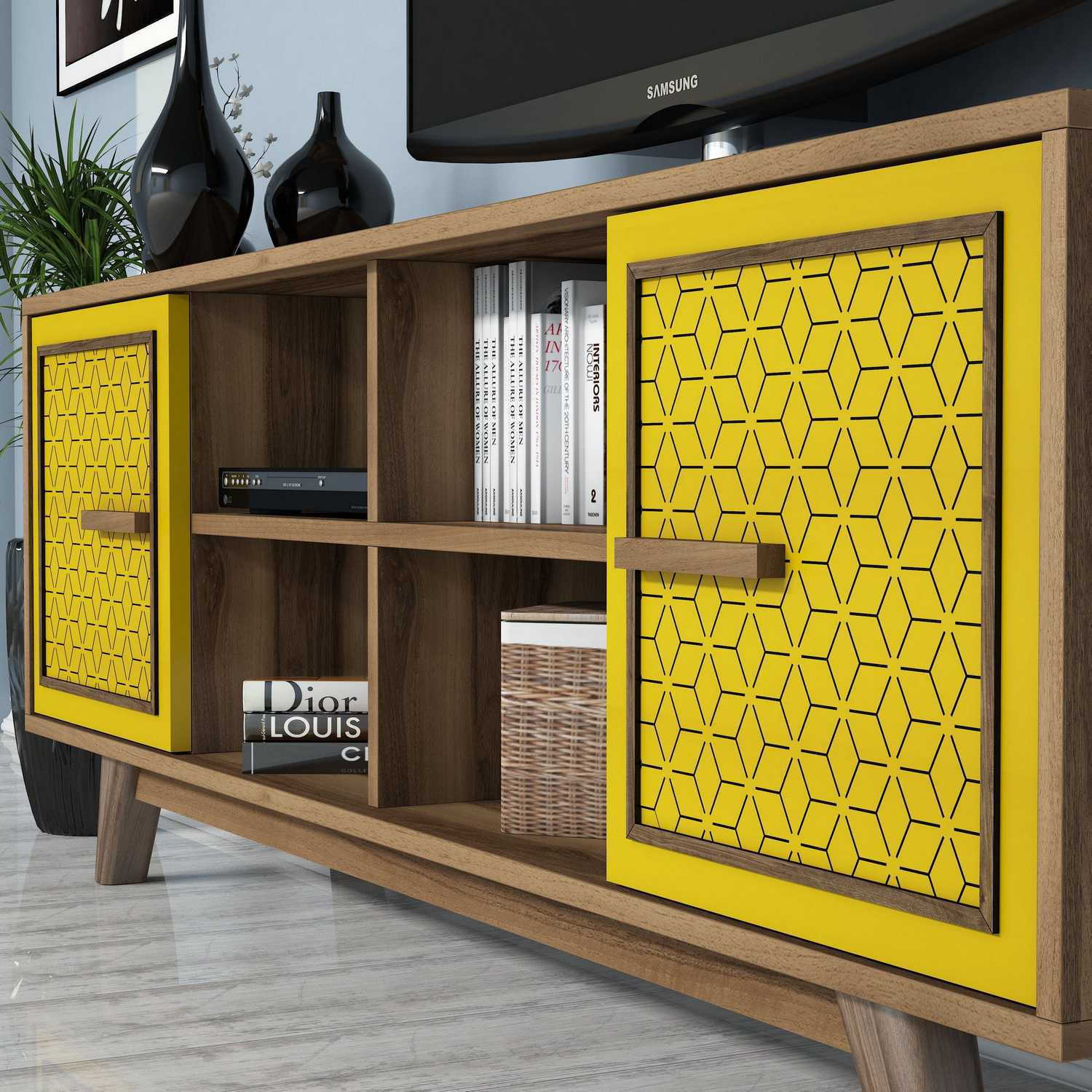 Móvel de TV boêmio elegante com prateleira de parede, nogueira e amarelo, 160 cm | 100% revestido em melamina, 18 mm de espessura | Várias prateleiras, perfeito para espaços de estar modernos