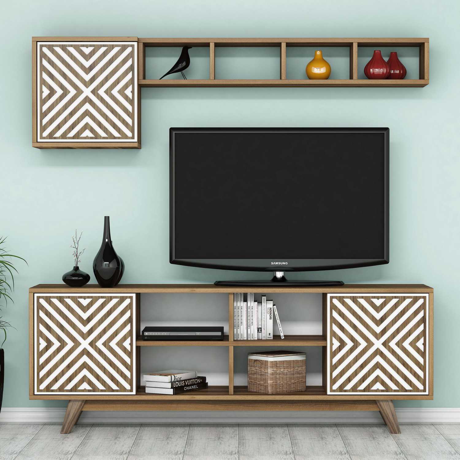 Móvel de TV moderno com prateleira de parede, nogueira e branco, 160 cm | Painel de partículas 100% revestido de melamina, 18 mm de espessura | Design elegante com várias prateleiras