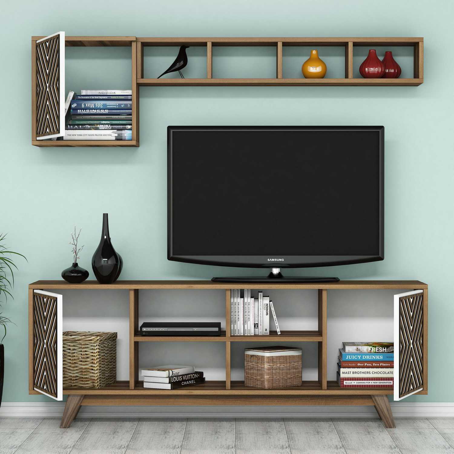 Móvel de TV moderno com prateleira de parede, nogueira e branco, 160 cm | Painel de partículas 100% revestido de melamina, 18 mm de espessura | Design elegante com várias prateleiras