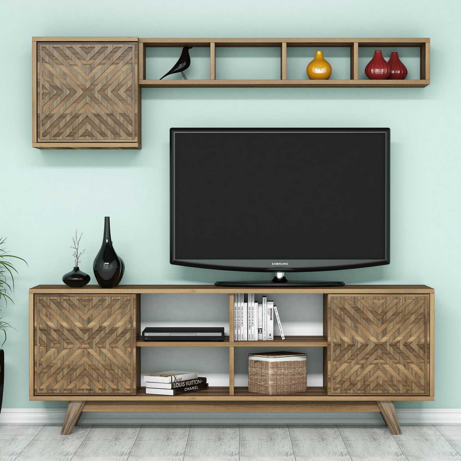 Móvel de TV moderno em nogueira com prateleira de parede, 160 cm | 100% revestido em melamina, 18 mm de espessura | Design elegante com várias prateleiras, perfeito para qualquer sala de estar